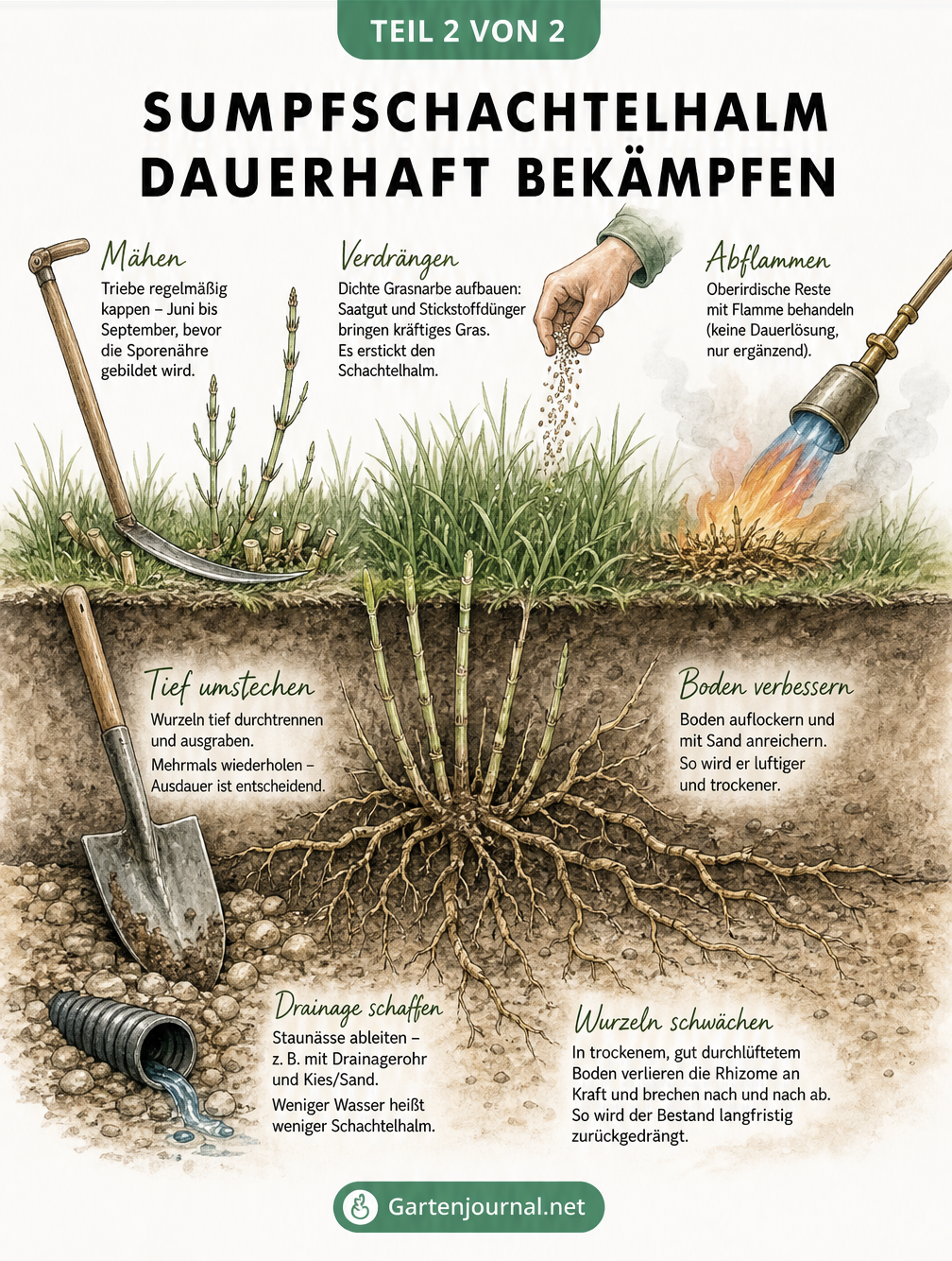 Querschnitt einer Wiese mit mechanischer Bekämpfung durch Mähen, biologischer Verdrängung durch Gras und unterirdischer Drainage gegen Sumpfschachtelhalm