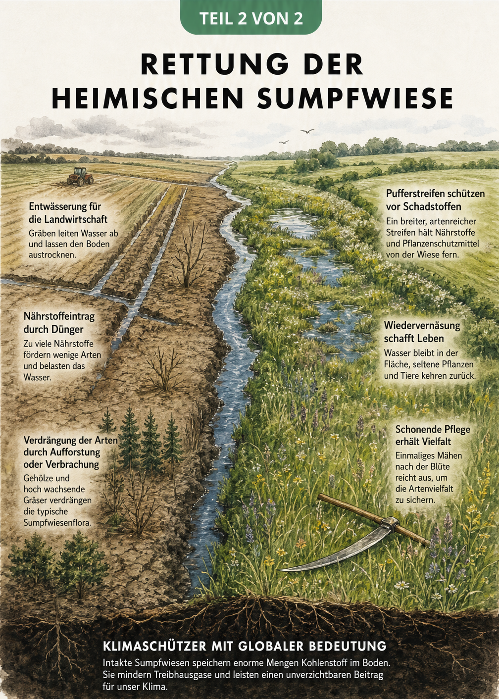Vergleich einer ausgetrockneten Agrarfläche mit einer intakten, renaturierten Sumpfwiese