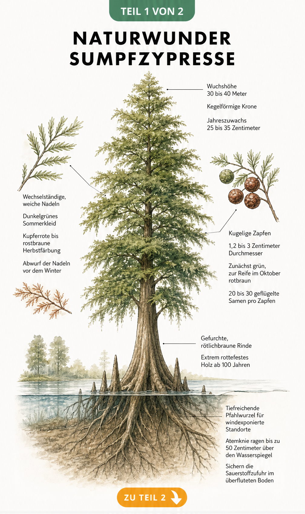 Botanische Illustration einer Sumpfzypresse mit Details zu Nadeln, Zapfen, Rinde und Wurzelsystem