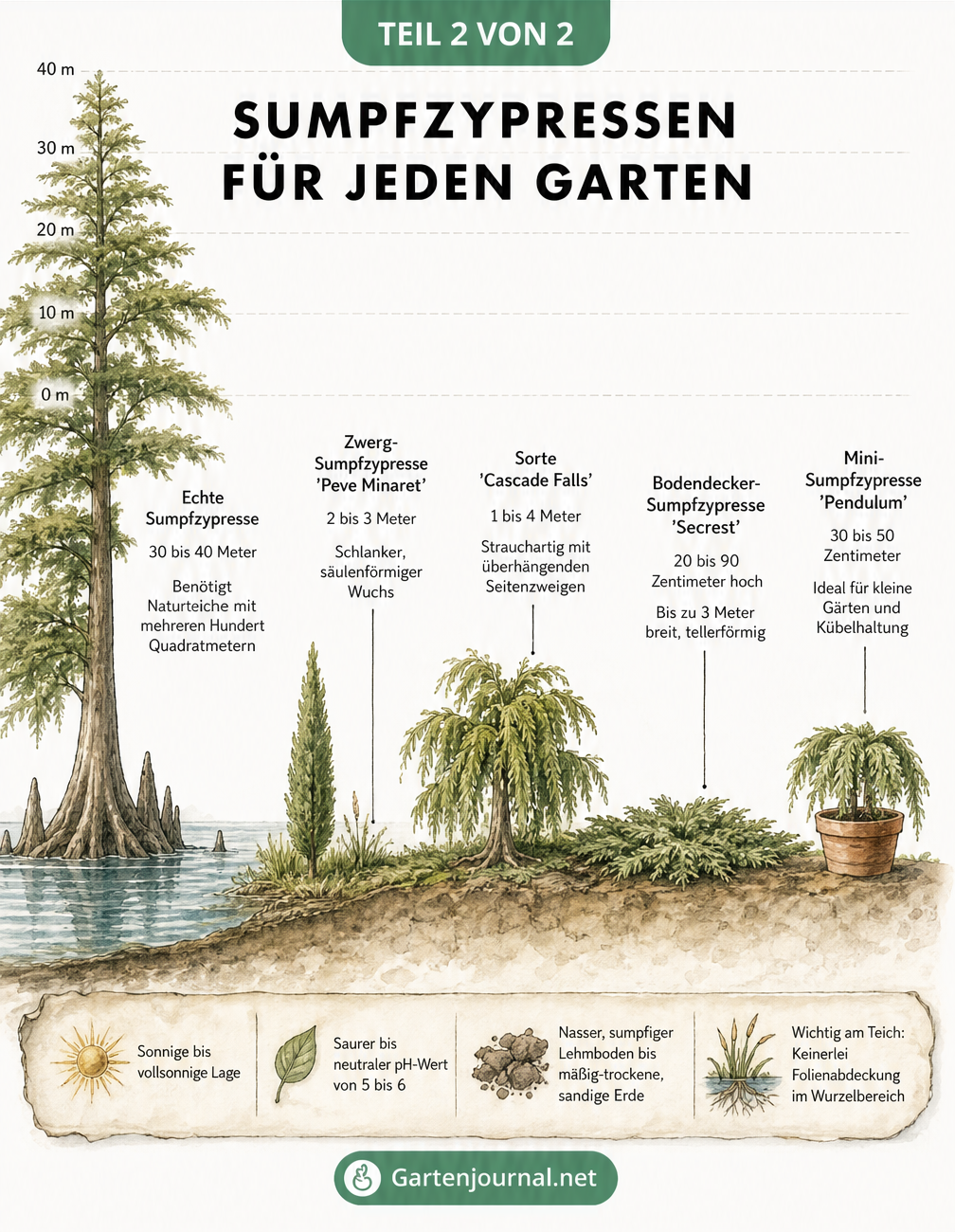 Querschnitt einer Gartenlandschaft mit fünf verschiedenen Sumpfzypressen-Sorten und ihren Standortanforderungen