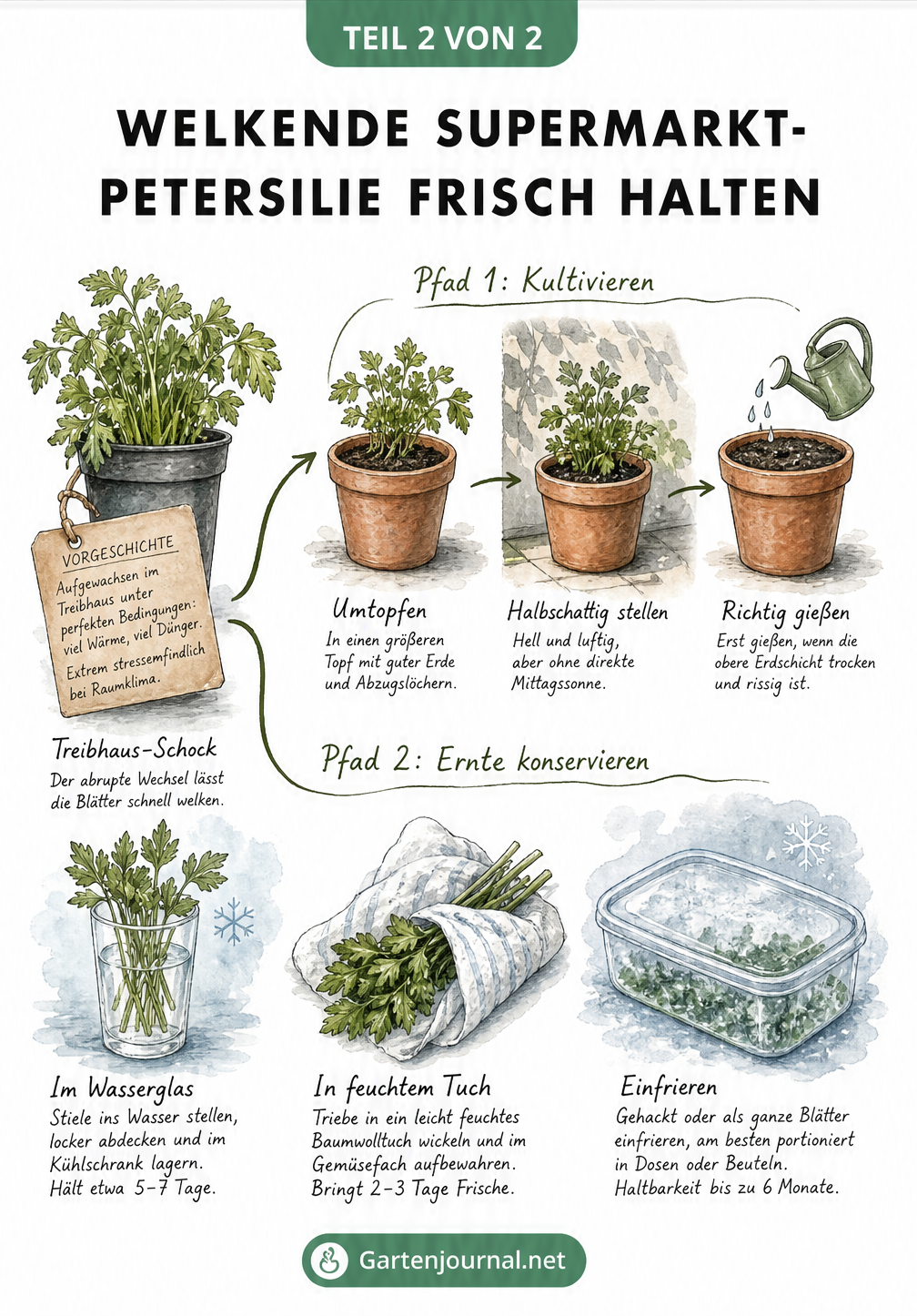 Illustration einer Supermarkt-Petersilie im Plastiktopf mit zwei Pfaden: Umtopfen in einen Tontopf oder Konservieren im Wasserglas, feuchten Tuch und...