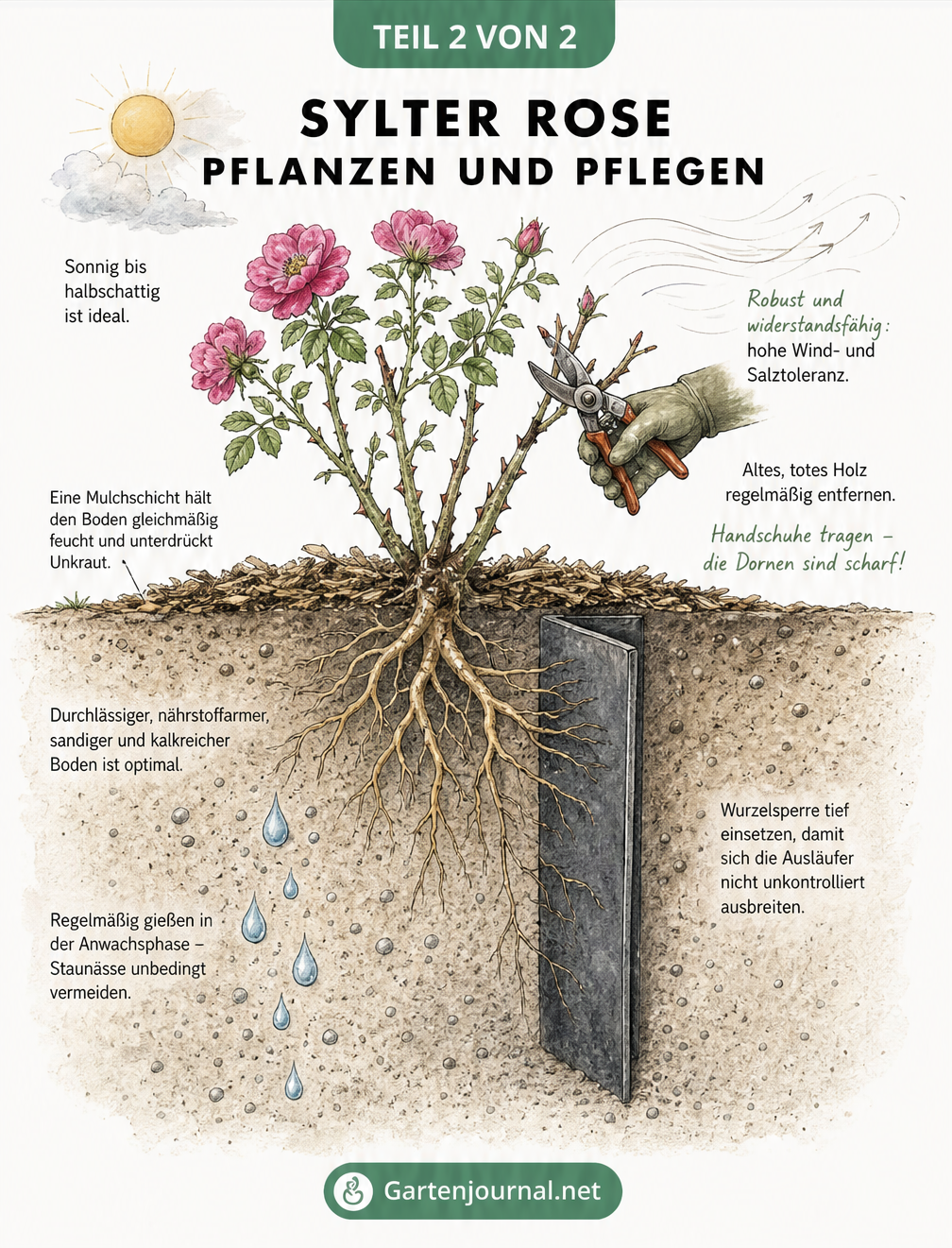Querschnitt-Illustration einer Sylter Rose, die den idealen Standort, Bodenbeschaffenheit, Wurzelsperre und Pflegemaßnahmen zeigt.