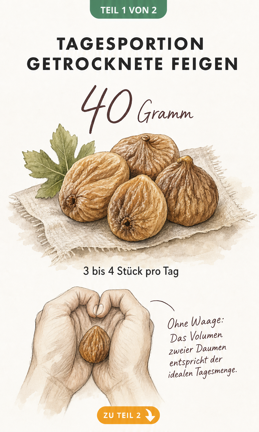 Illustration von getrockneten Feigen und zwei Händen, die die Handmethode zur Bestimmung der Tagesportion von 40 Gramm zeigen