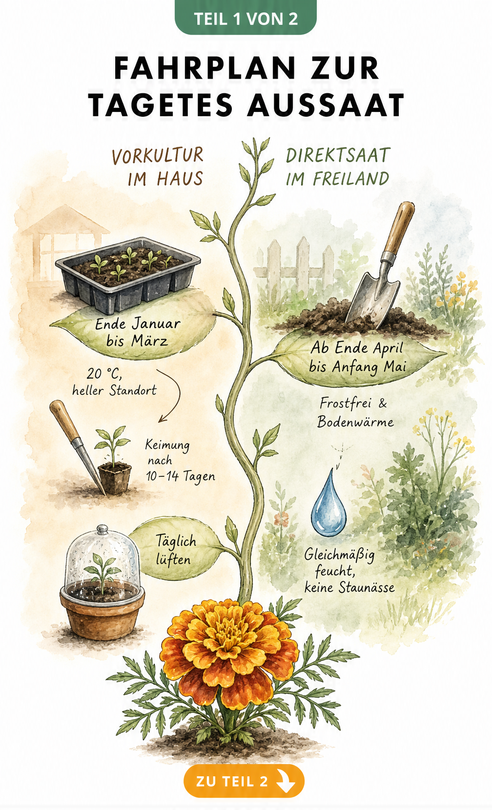 Illustrierter Zeitplan für die Aussaat von Tagetes, unterteilt in Vorkultur im Haus ab Ende Januar und Direktsaat im Freiland ab Ende April.