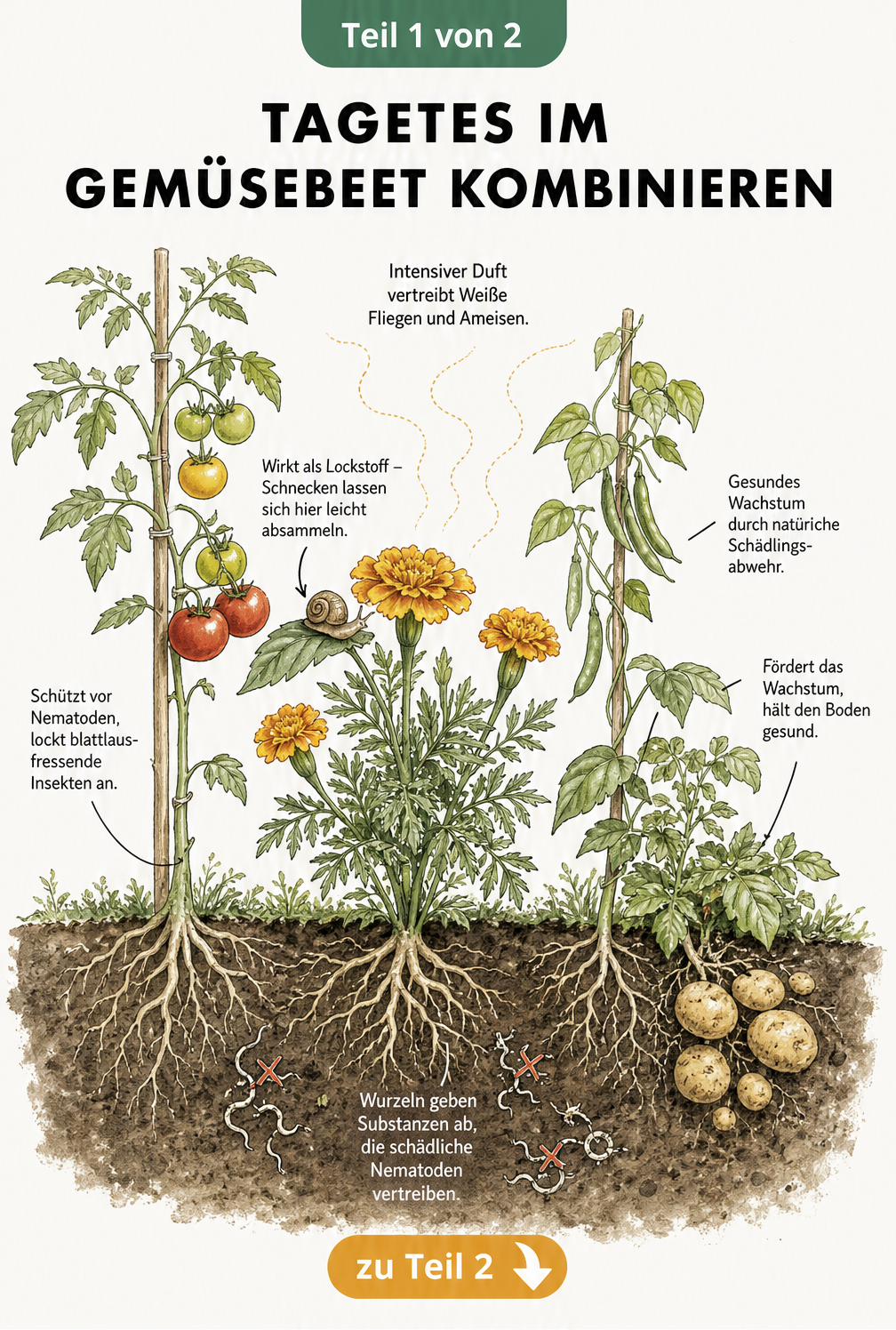 Illustration eines Gemüsebeets mit Tagetes, Tomaten, Bohnen und Kartoffeln, die Schädlinge abwehren