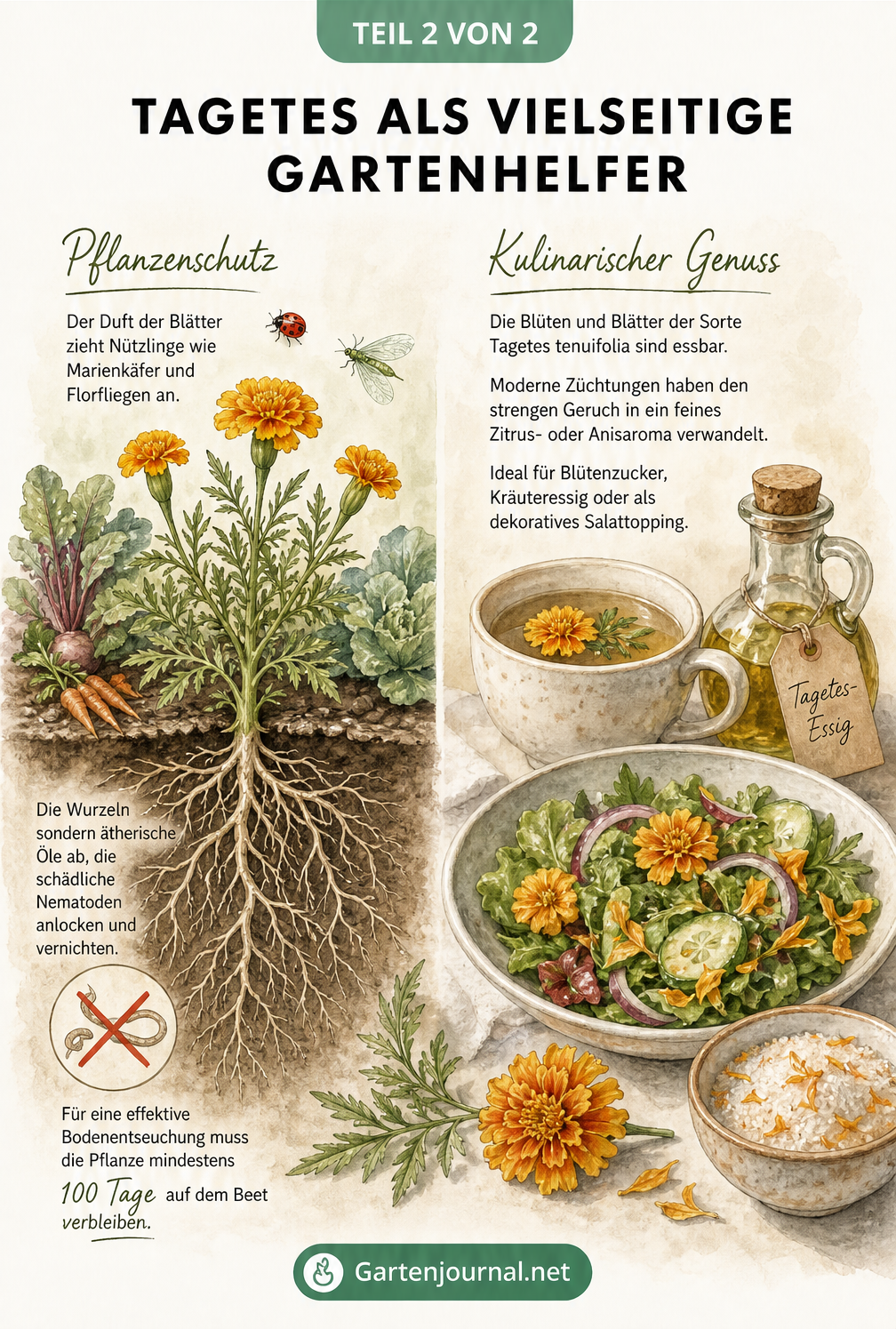 Zweigeteilte Illustration: Links eine Tagetes als Pflanzenschutz im Gemüsebeet, rechts essbare Tagetes-Blüten neben einer Teetasse und Salat
