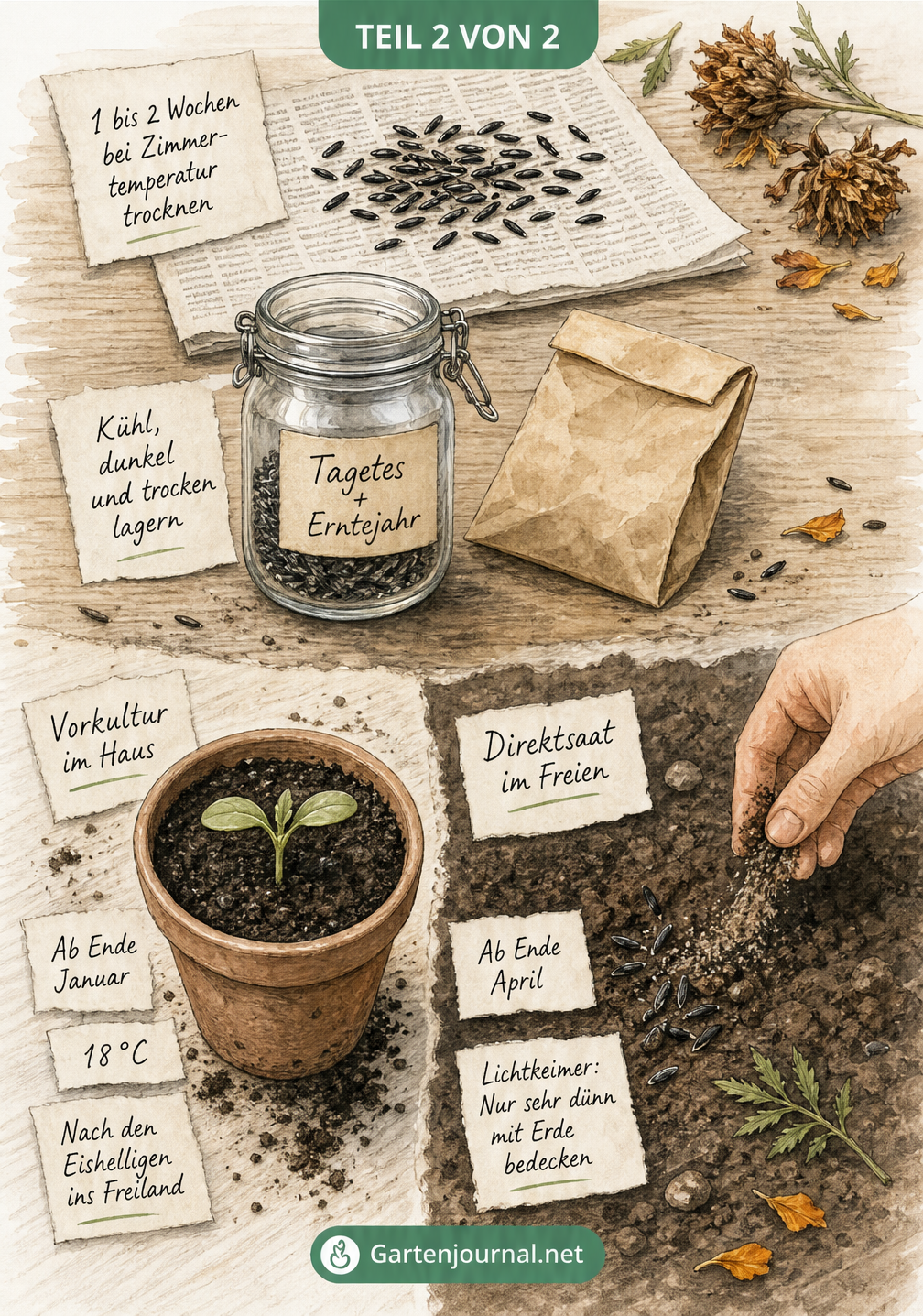 Illustration eines Gärtnertisches mit Tagetes-Samen auf Zeitungspapier, einem beschrifteten Schraubglas zur Lagerung sowie Anzuchttopf und Gartenboden für die...