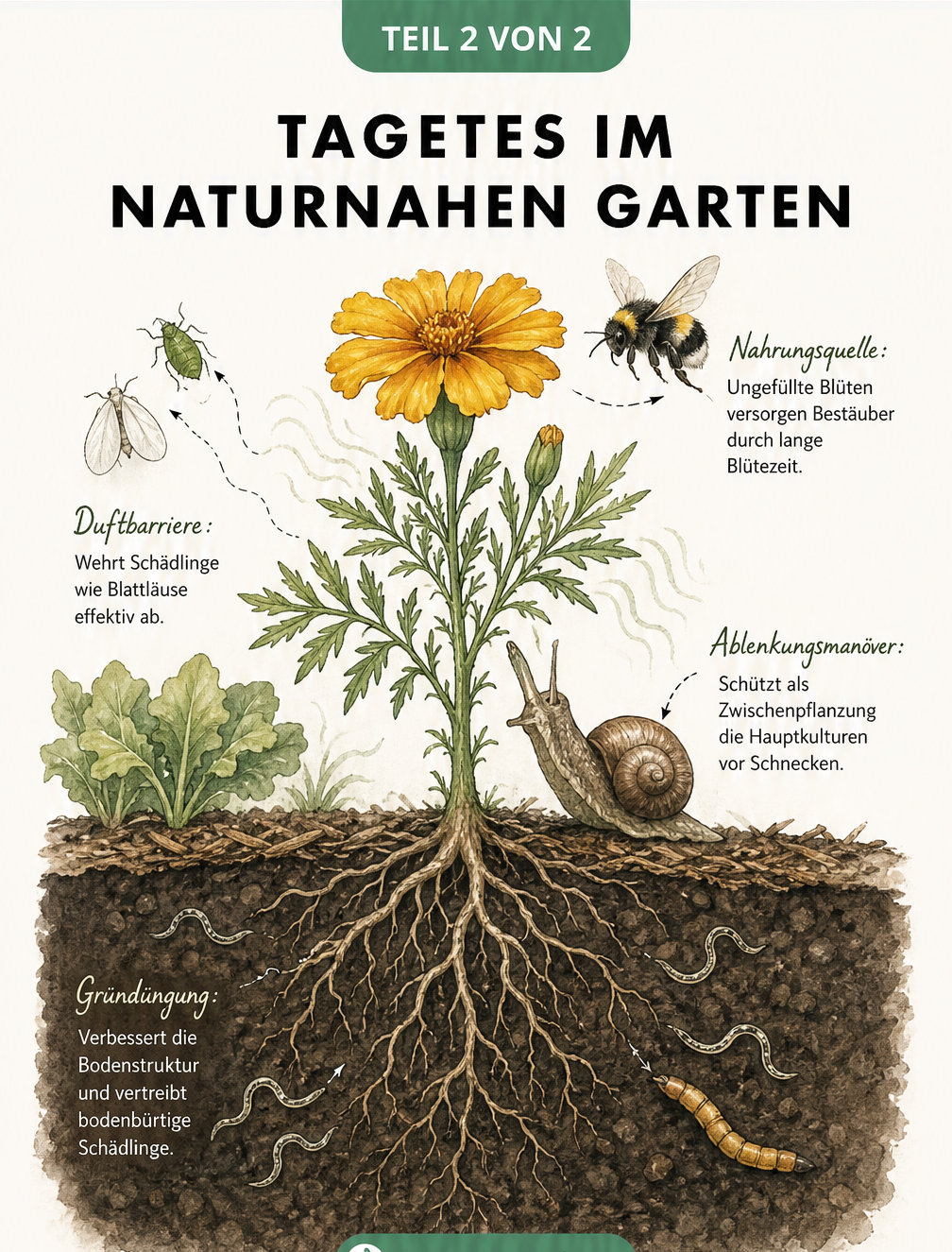 Querschnitt eines Gartenbeets mit einer Tagetes-Pflanze, die Bestäuber anlockt und Schädlinge wie Nematoden und Blattläuse abwehrt.
