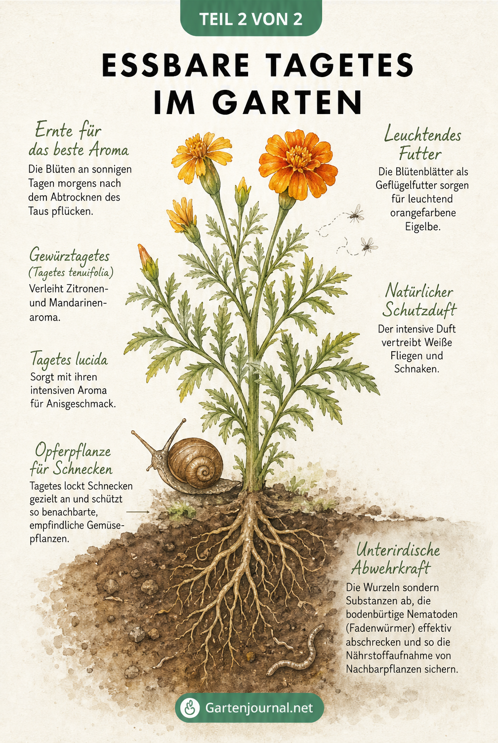 Aquarell-Querschnitt eines Gartenbeets mit Tagetes, die Schnecken anlocken, Nematoden im Boden abwehren und als essbare Blüten geerntet werden können.
