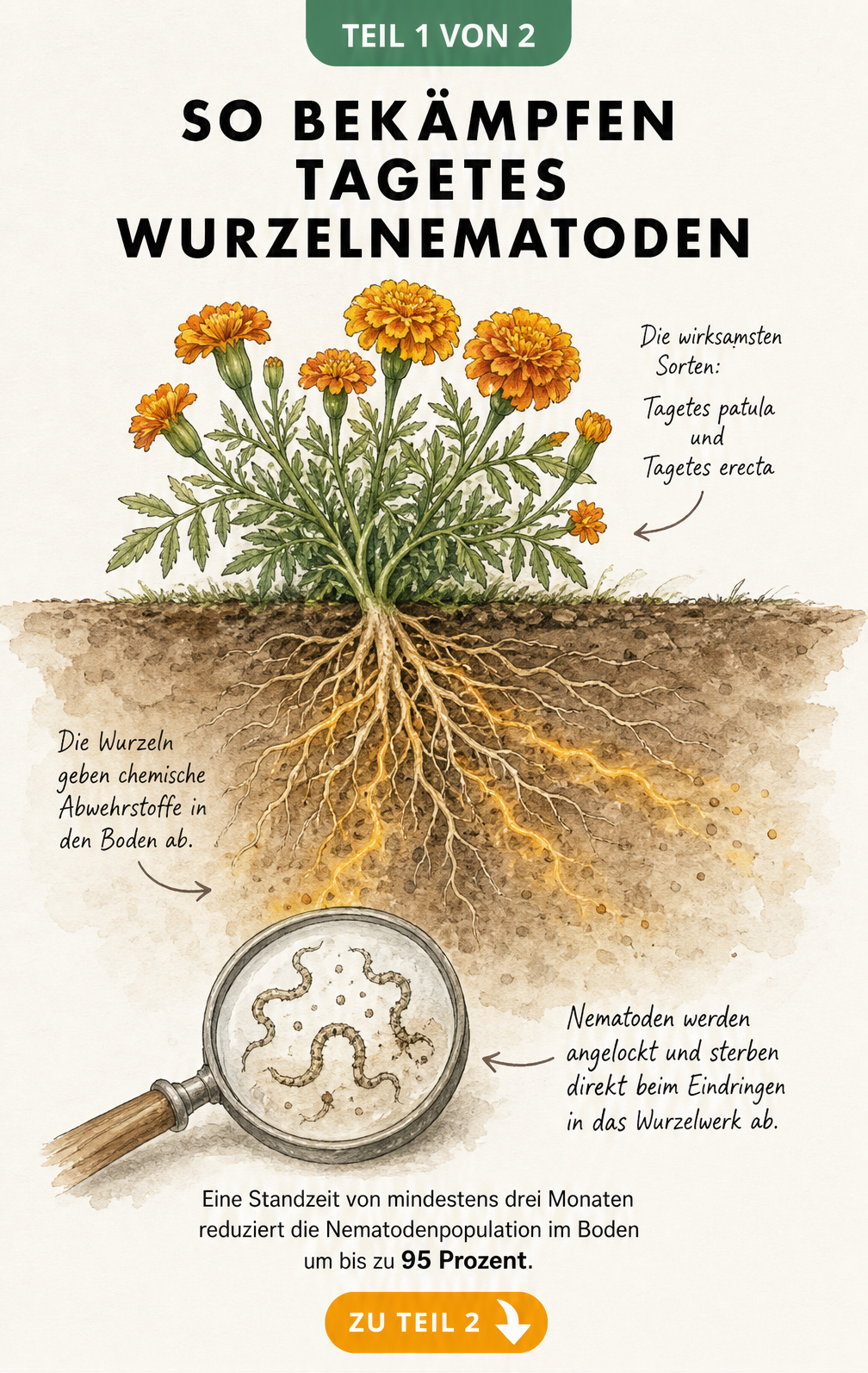 Querschnitt durch den Gartenboden mit einer blühenden Tagetes-Pflanze und ihrem weitreichenden Wurzelsystem, das chemische Abwehrstoffe gegen Nematoden...