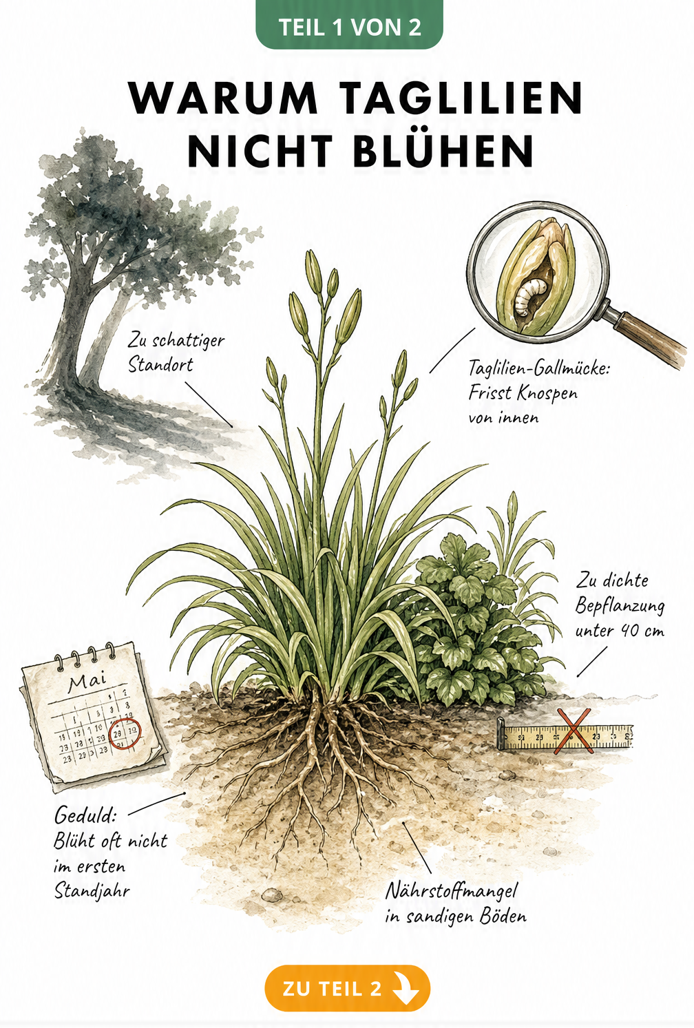 Illustration einer Taglilie ohne Blüten mit Ursachen wie Schatten, Nährstoffmangel, Gallmücke und zu dichter Bepflanzung
