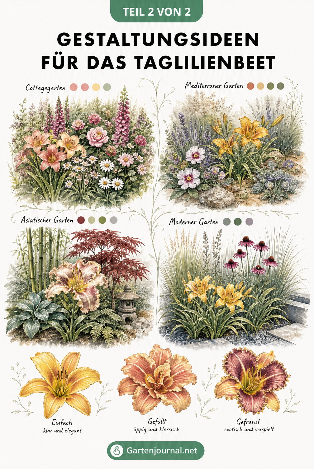 Vier verschiedene Gartenstile mit Taglilien: Cottagegarten, mediterraner, asiatischer und moderner Garten im Vergleich