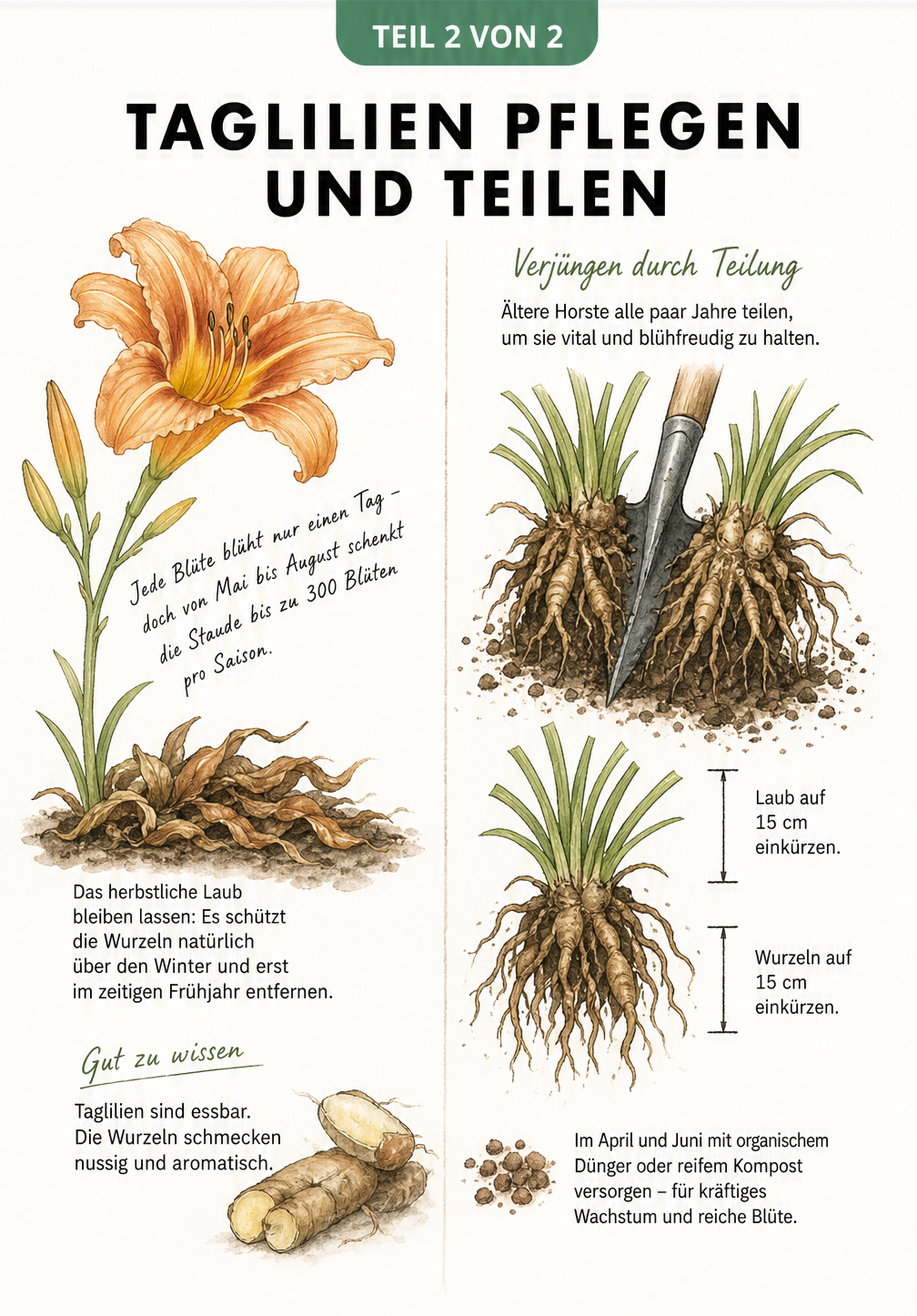 Illustration zur Pflege und Teilung von Taglilien mit Fokus auf Blüte, Laub und Wurzelteilung