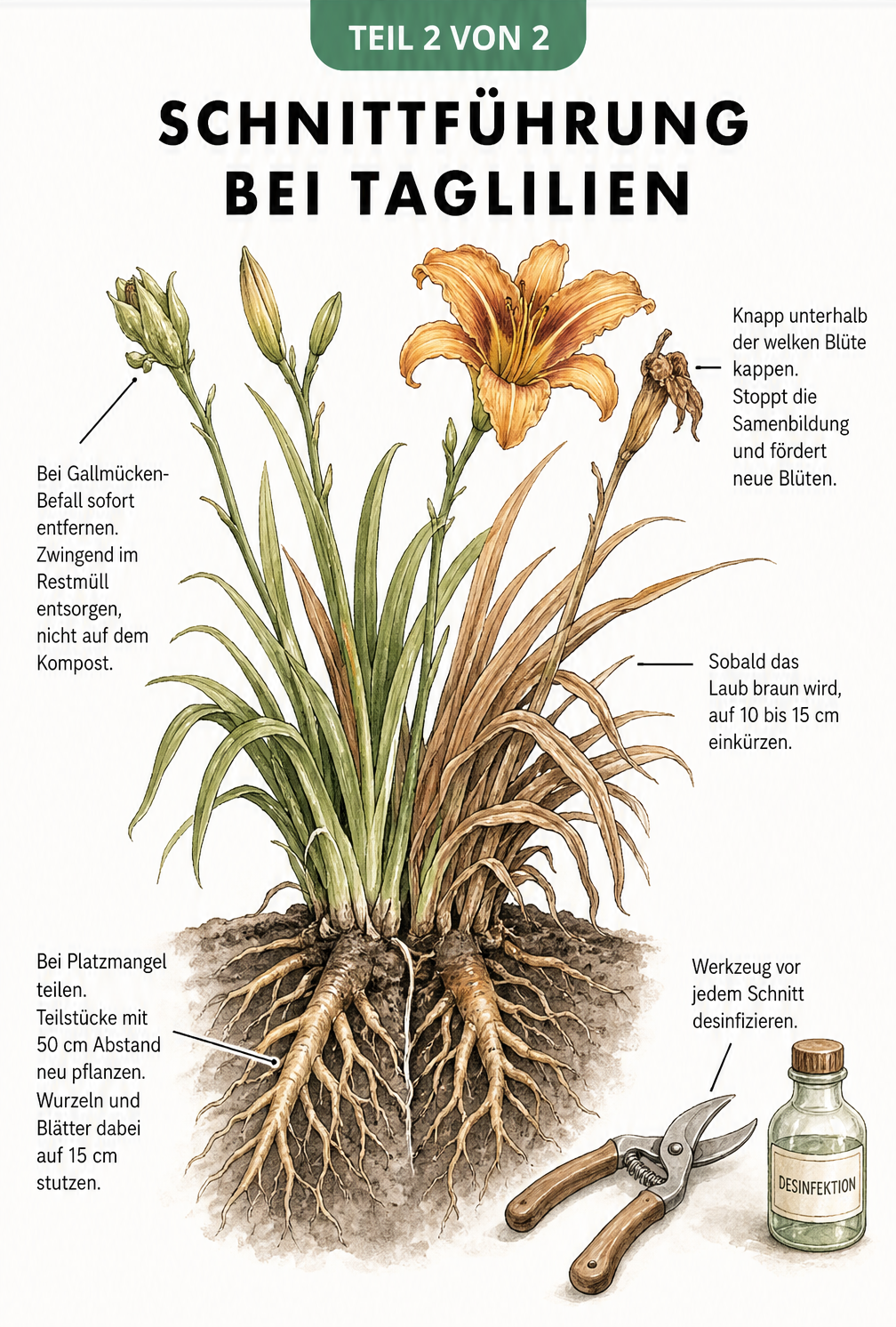 Botanische Zeichnung einer Taglilie mit Anleitungen zur Schnittführung an Blüten, Blättern und Wurzeln