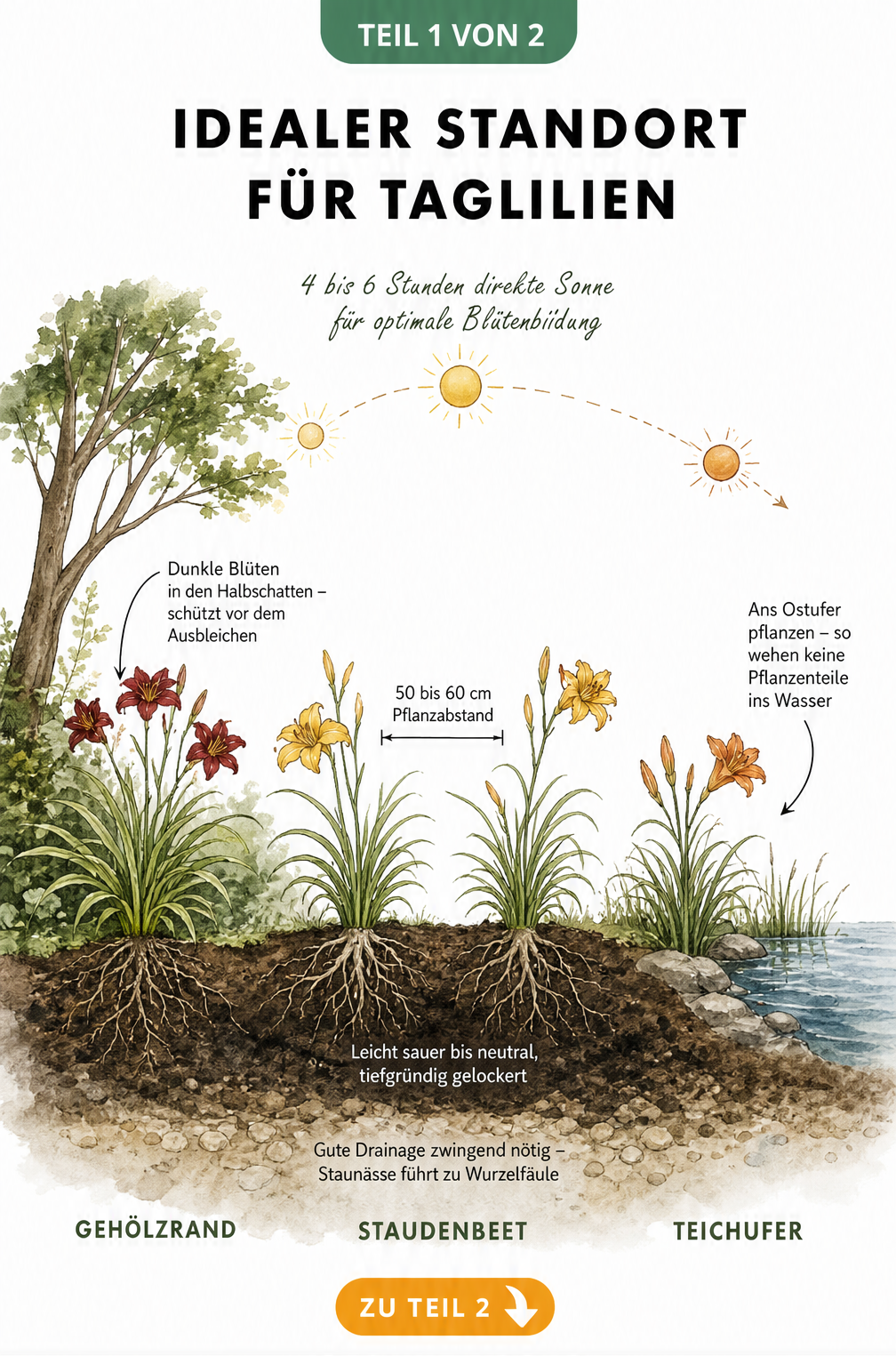Illustration einer Gartenlandschaft mit Taglilien an verschiedenen Standorten wie Gehölzrand, Staudenbeet und Teichufer