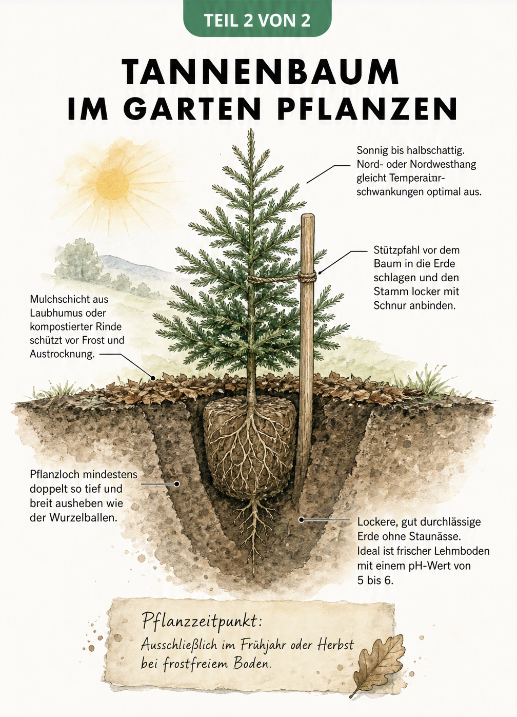 Schnittbild einer gepflanzten Tanne im Garten mit Wurzelbereich, Stützpfahl und Mulchschicht