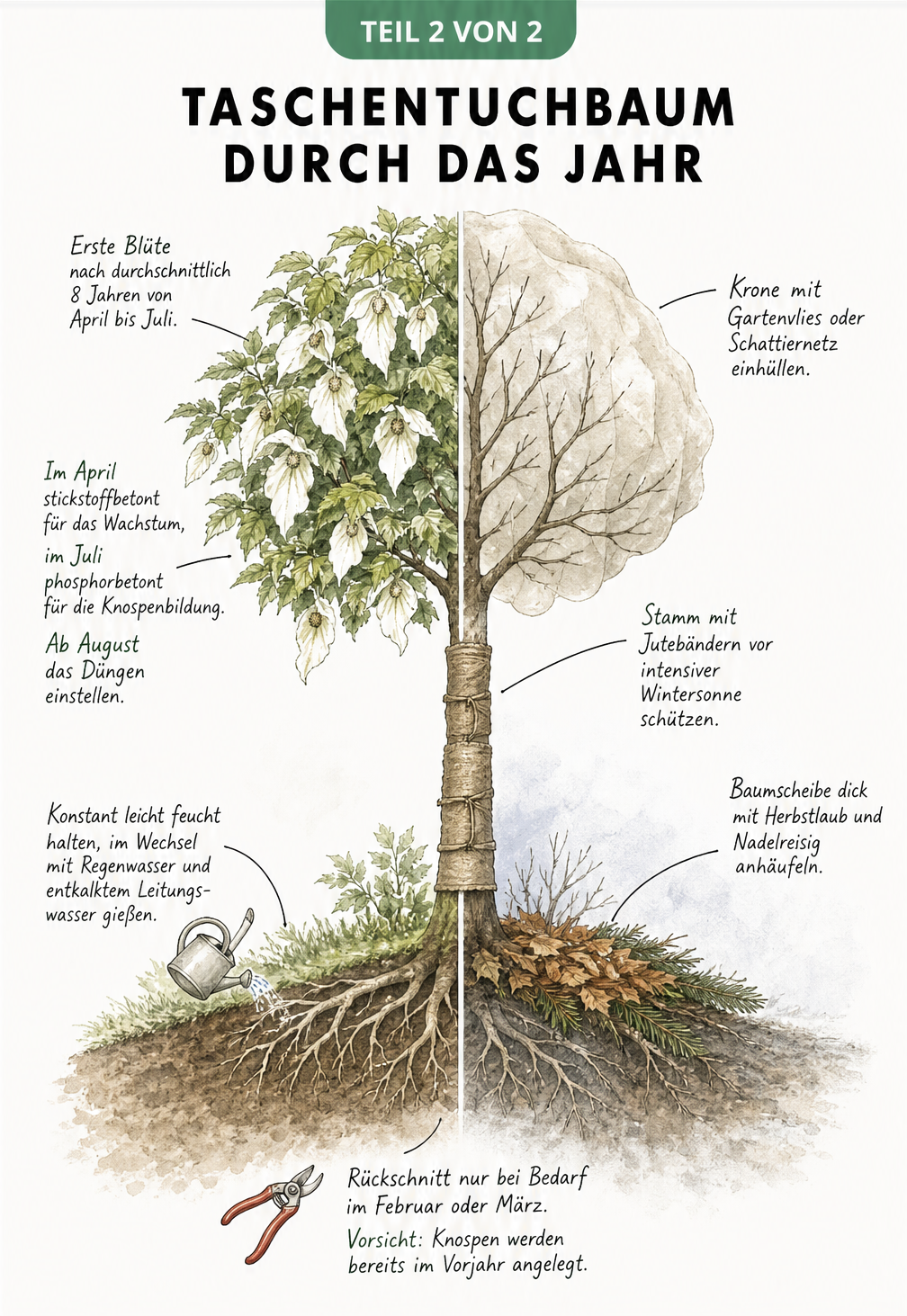 Illustration eines Taschentuchbaums, links im Sommer mit weißen Blüten, rechts im Winter mit Frostschutz an Krone, Stamm und Wurzeln
