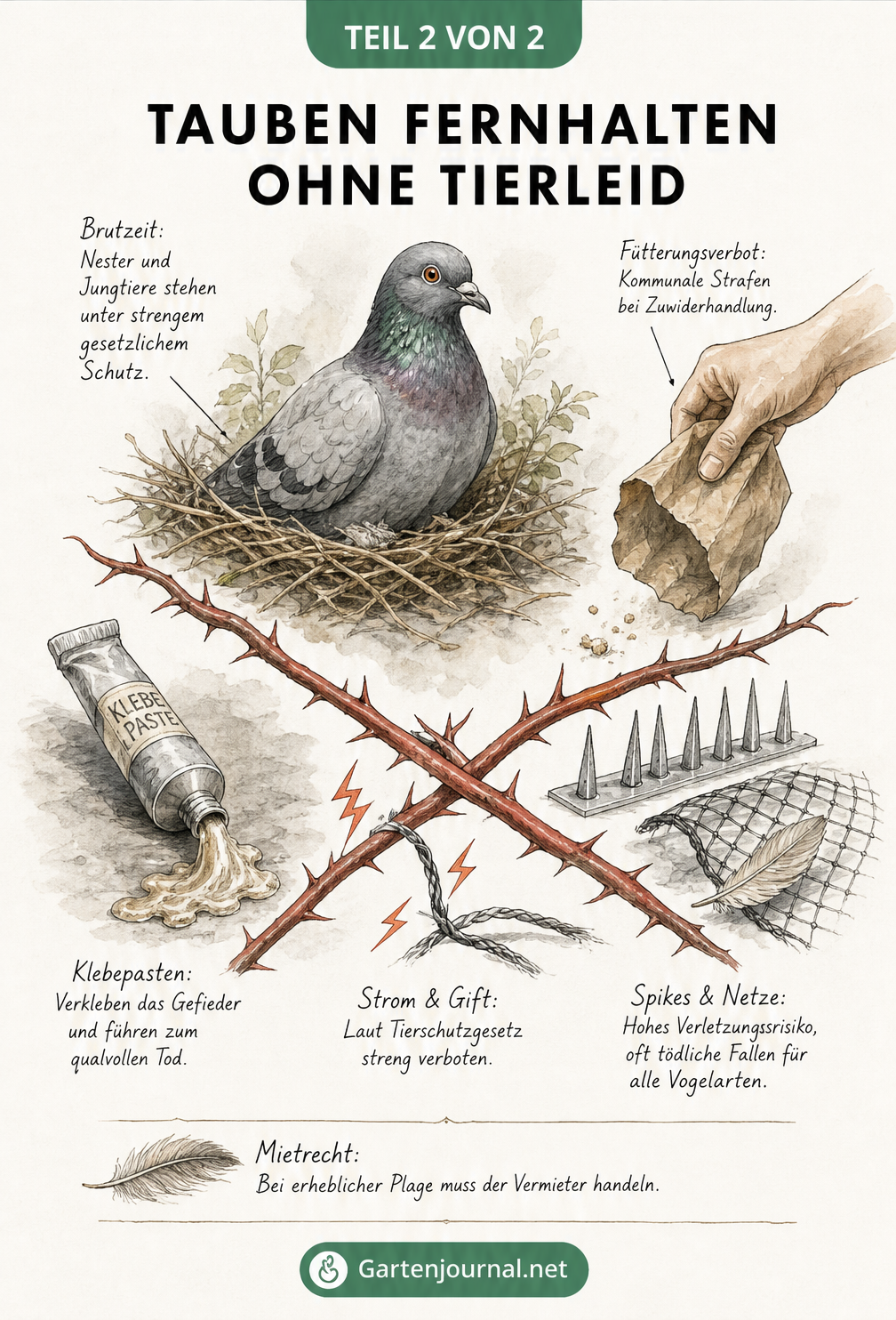 Naturkundliche Illustration einer Taube auf einem Nest, umgeben von rechtlichen Schutzräumen und gefährlichen Abwehrmethoden wie Spikes und Klebepasten