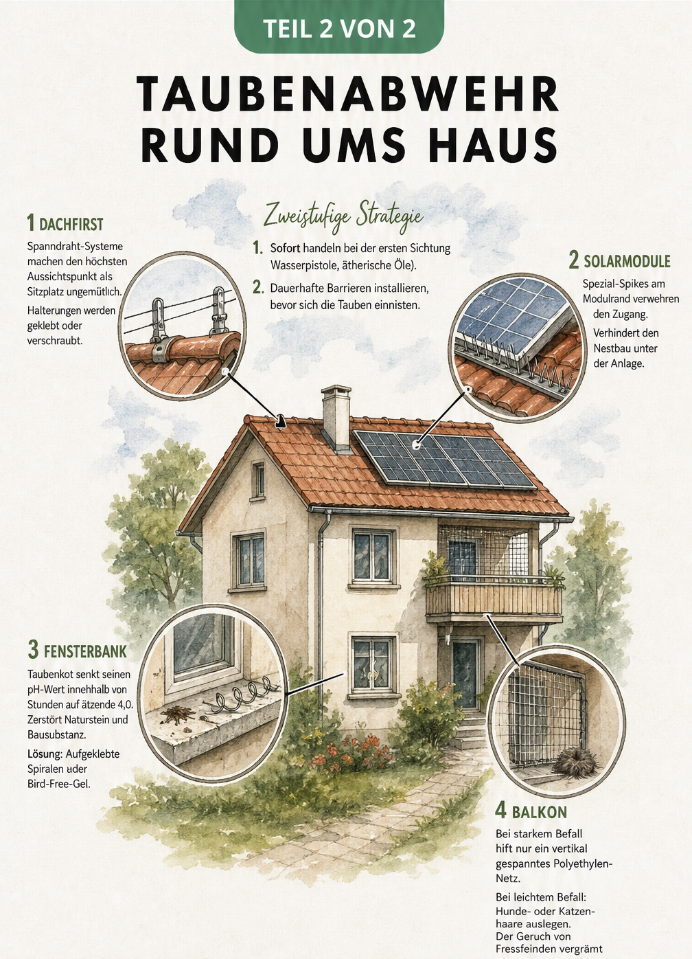 Schnittansicht eines Wohnhauses mit Detailzeichnungen zur Taubenabwehr an Dachfirst, Solarmodulen, Fensterbank und Balkon.