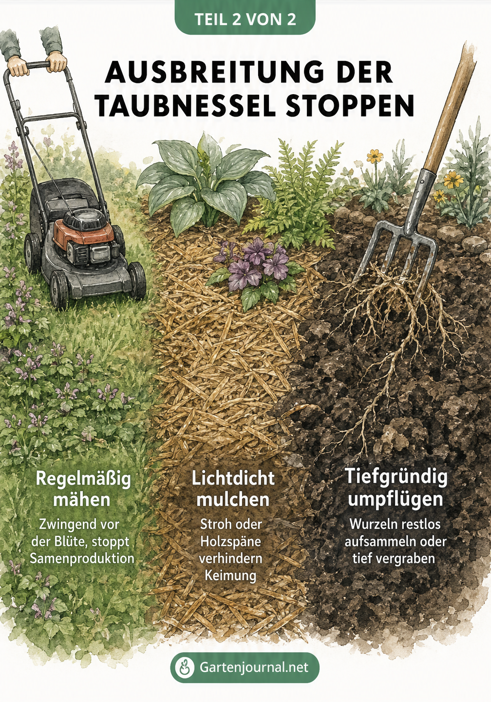 Illustration eines Gartenbeets mit drei Zonen zur Bekämpfung von Taubnesseln durch Mähen, Mulchen und Umpflügen