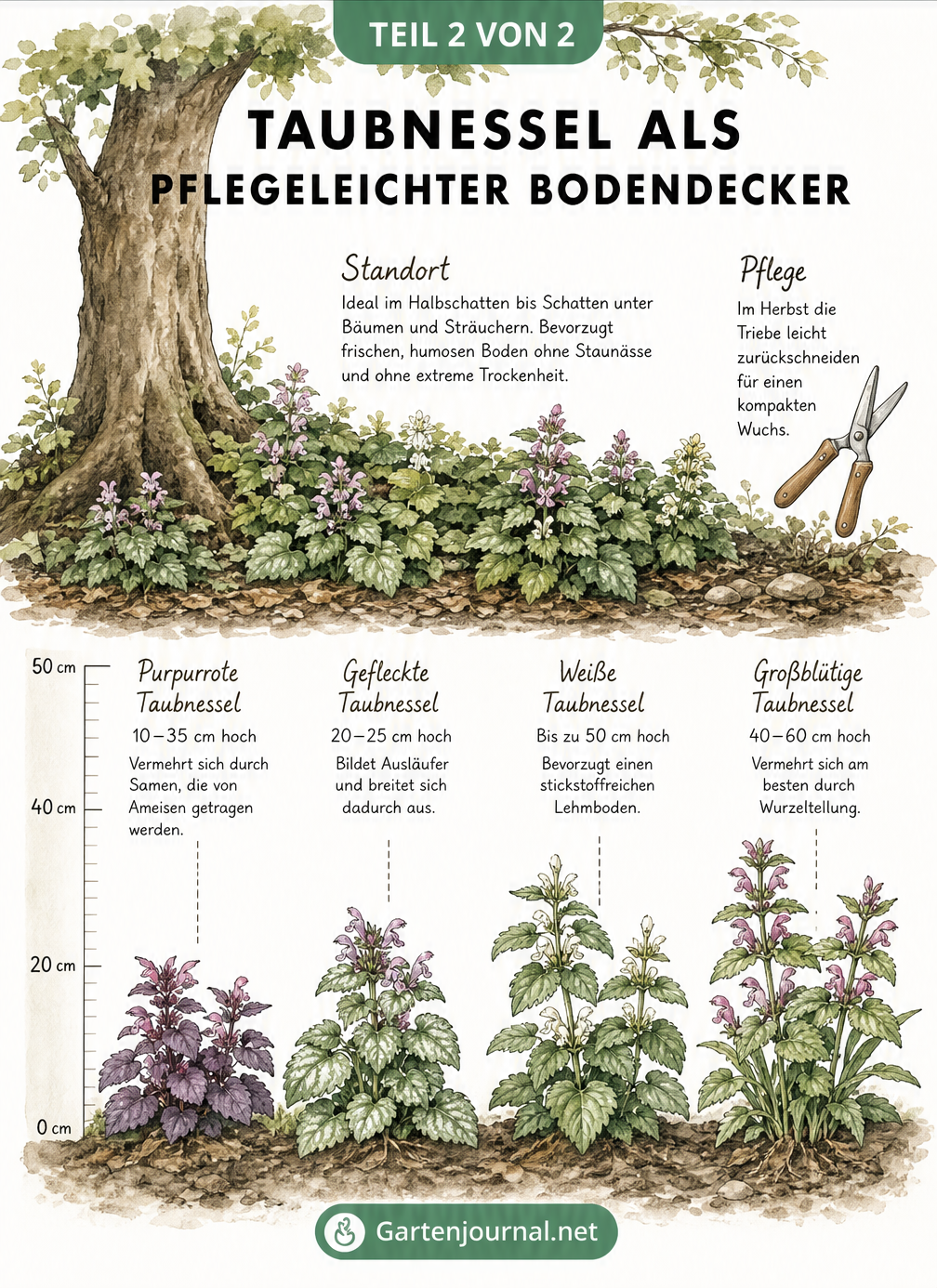 Aquarell-Illustration der Taubnessel als Bodendecker unter einem Baum sowie ein Vergleich von vier Taubnessel-Arten
