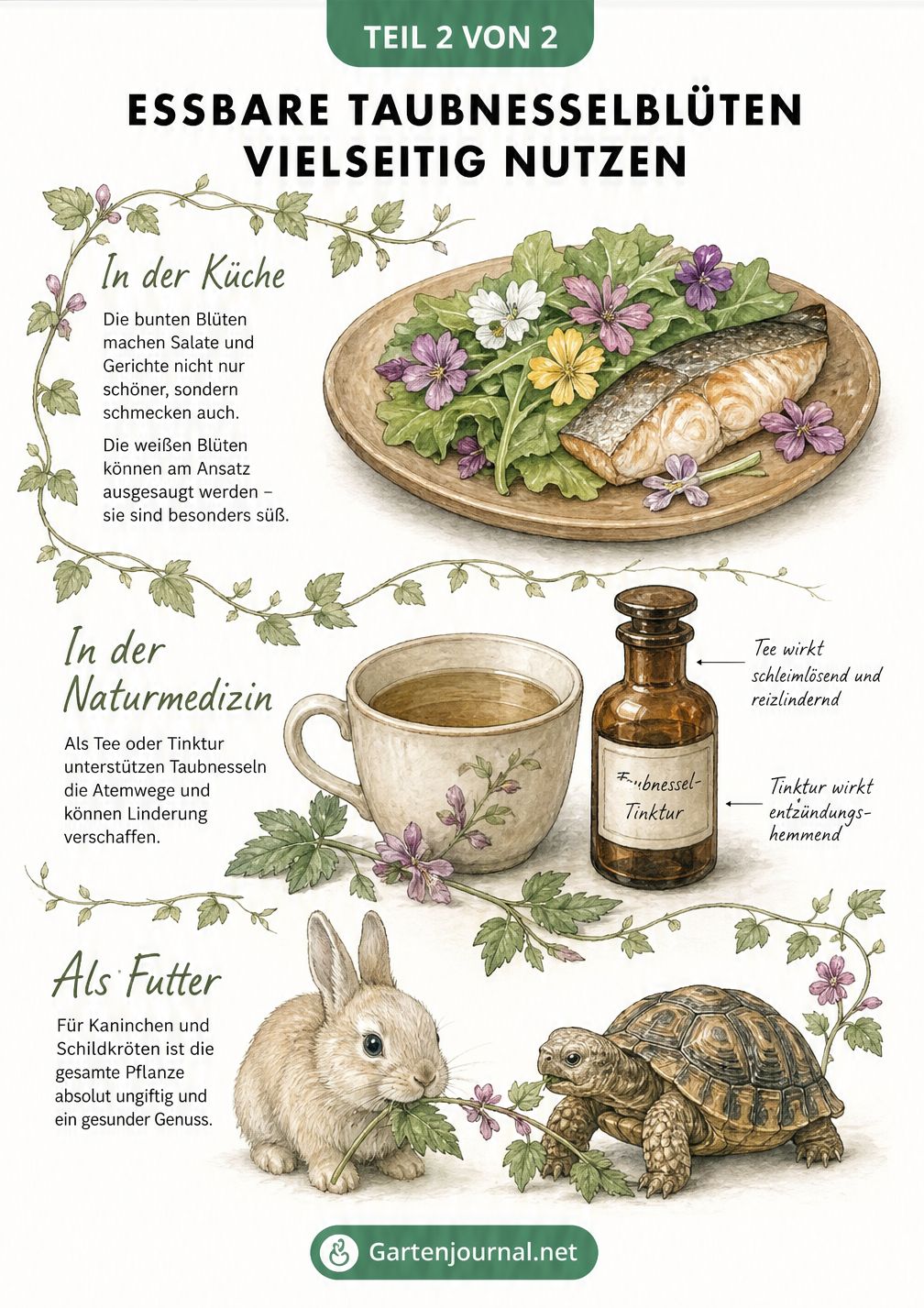 Illustration zur Verwendung von Taubnesselblüten in der Küche, als Heiltee und als Tierfutter
