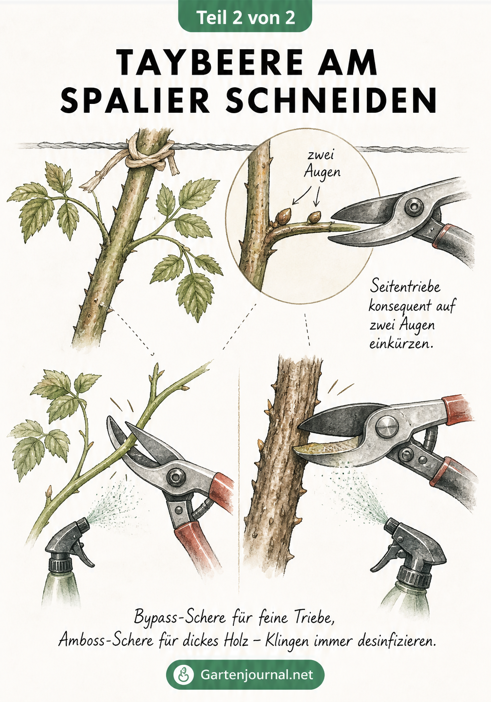 Detailansicht einer Taybeere am Spalier, die den Schnitt der Seitentriebe auf zwei Augen und die Verwendung von Bypass- und Amboss-Schere zeigt.