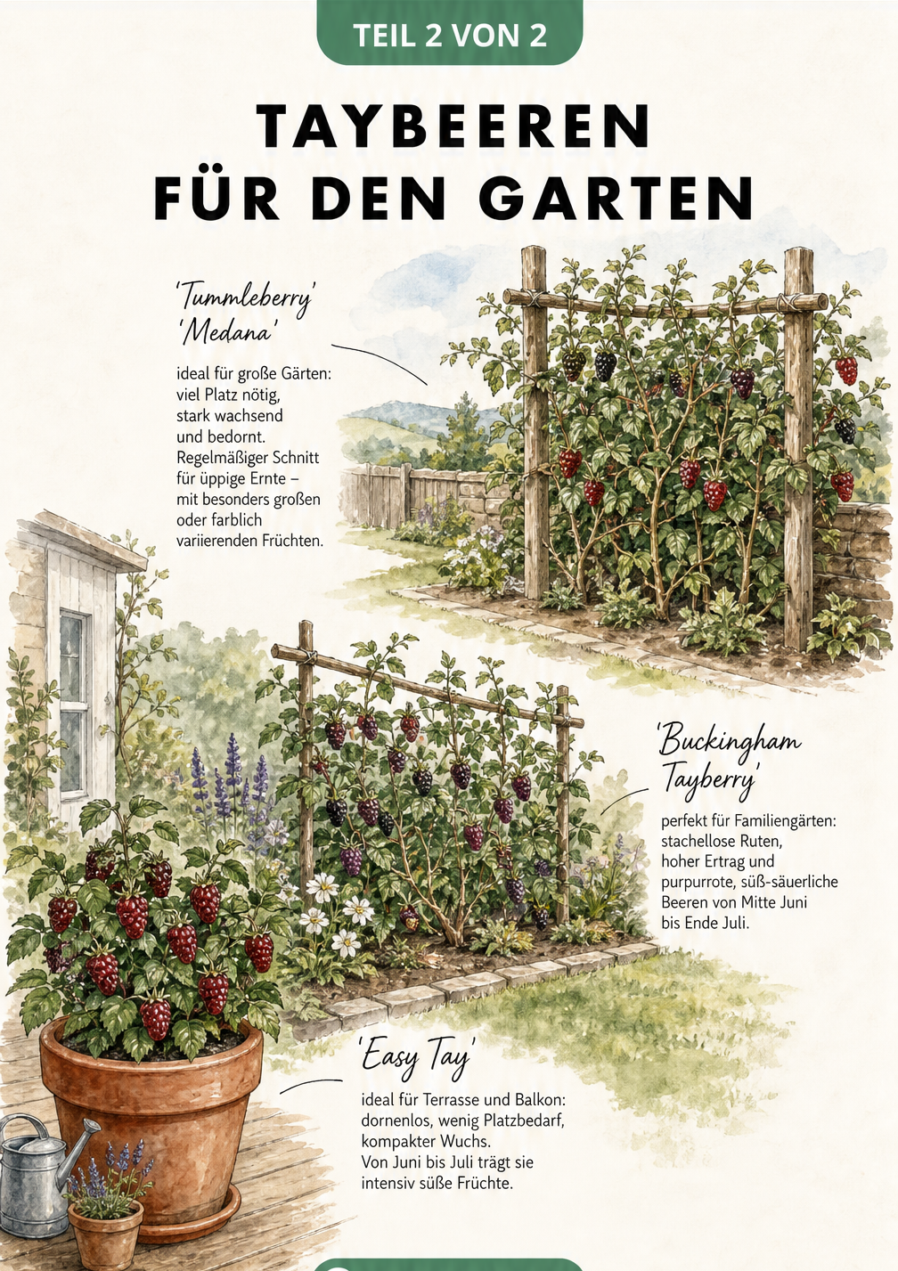 Aquarell-Illustration dreier Pflanzsituationen für Taybeeren: im Kübel auf der Terrasse, am Spalier im Beet und am großen Holzgerüst.