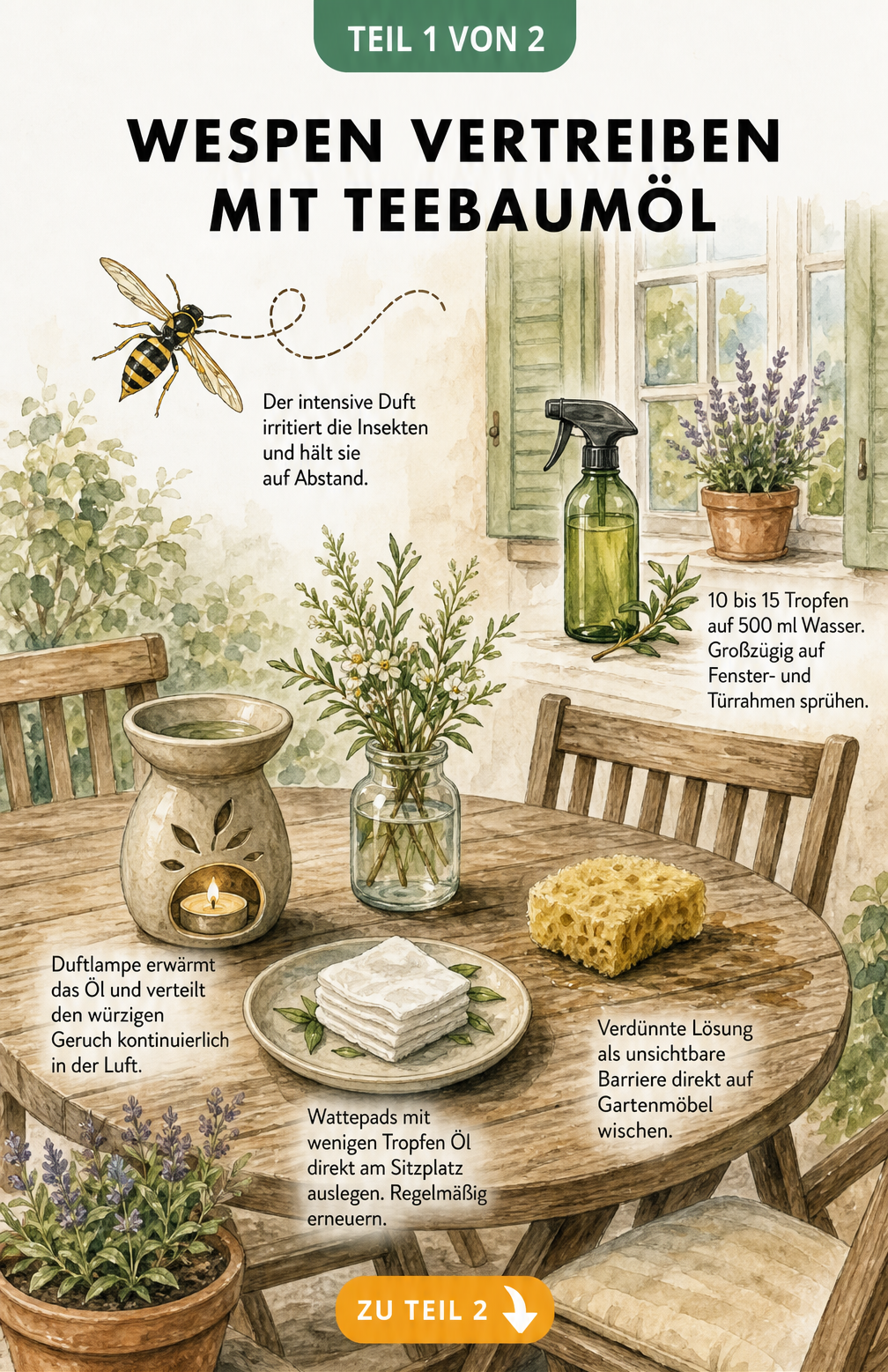Illustration einer Gartentisch-Szene mit Duftlampe, Wattepads und Sprühflasche zur Wespenabwehr mit Teebaumöl