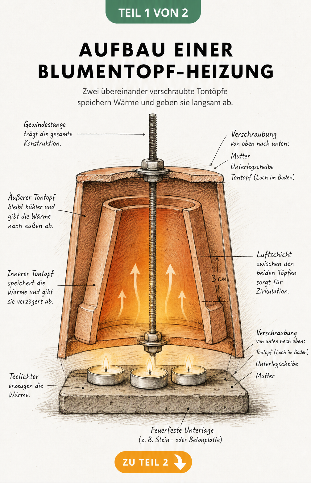 Handgezeichnete Schnittzeichnung eines Teelichtofens aus zwei Terrakottatöpfen mit Gewindestange und Teelichtern