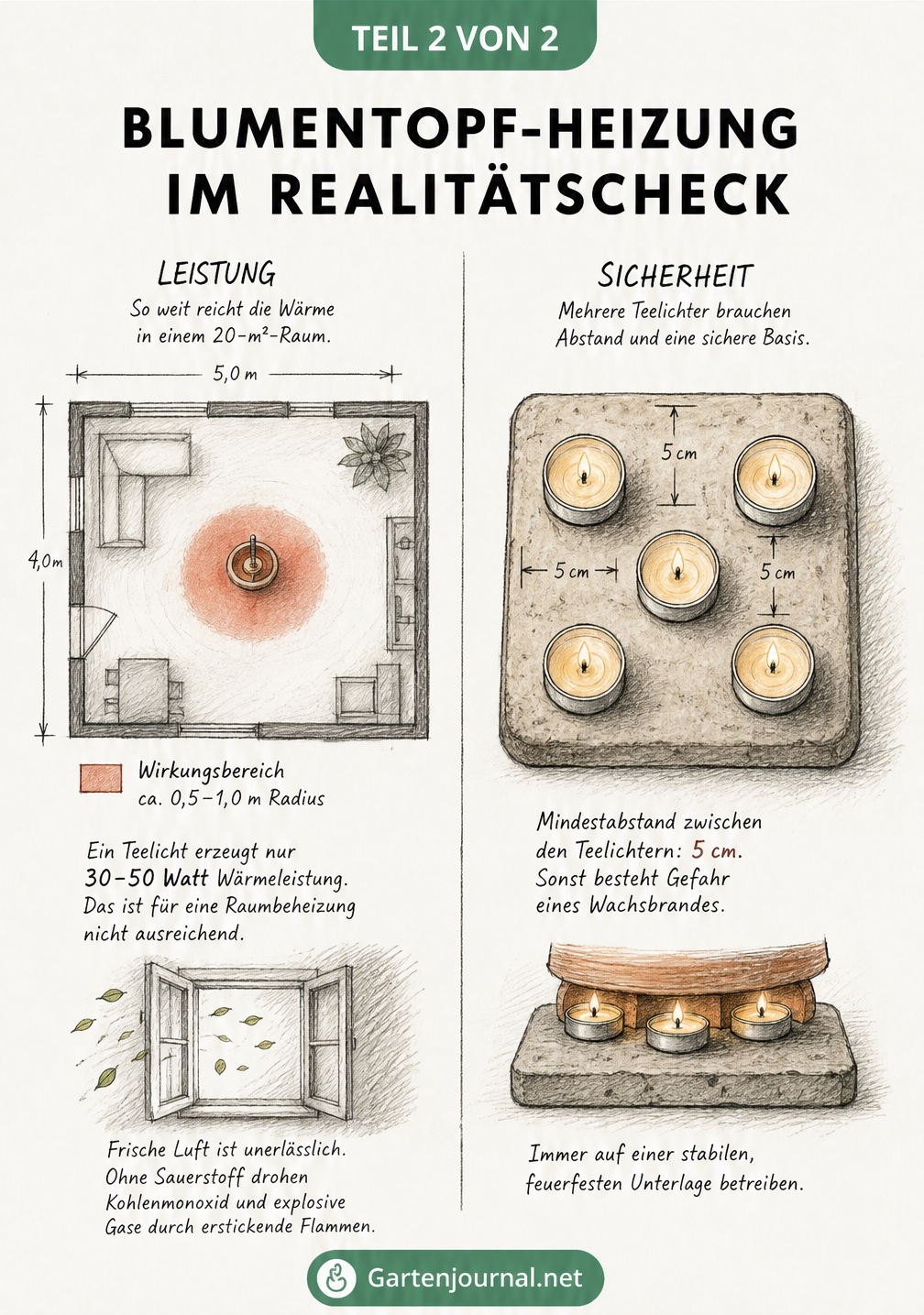 Skizze zur Heizleistung eines Teelichtofens im Raum und Draufsicht auf Teelichter mit Mindestabstand