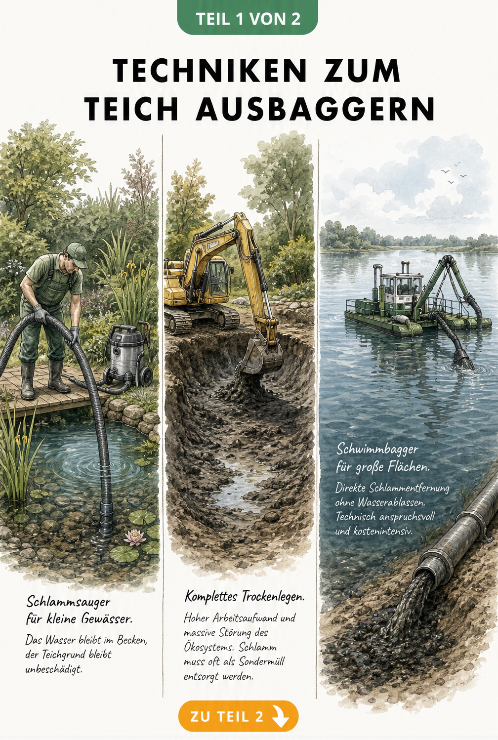 Illustration von drei Methoden zum Teich ausbaggern: Schlammsauger, Trockenlegen mit Bagger und Schwimmbagger