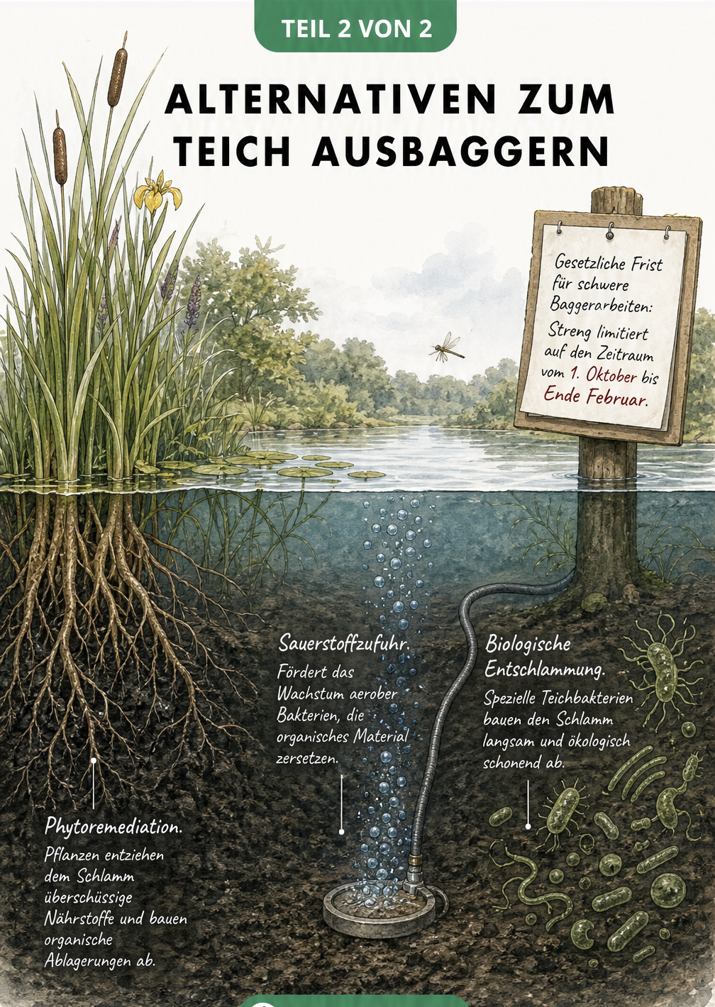 Querschnitt eines Teiches mit natürlichen Alternativen zum Ausbaggern: Phytoremediation, Belüftungssystem und biologische Entschlammung
