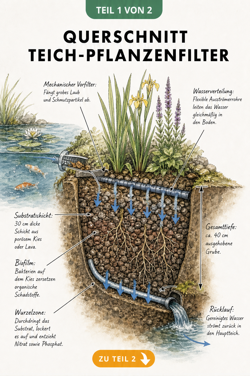 Querschnitt eines Teich-Pflanzenfilters mit Wasserfluss, Substratschicht und Wurzelzone