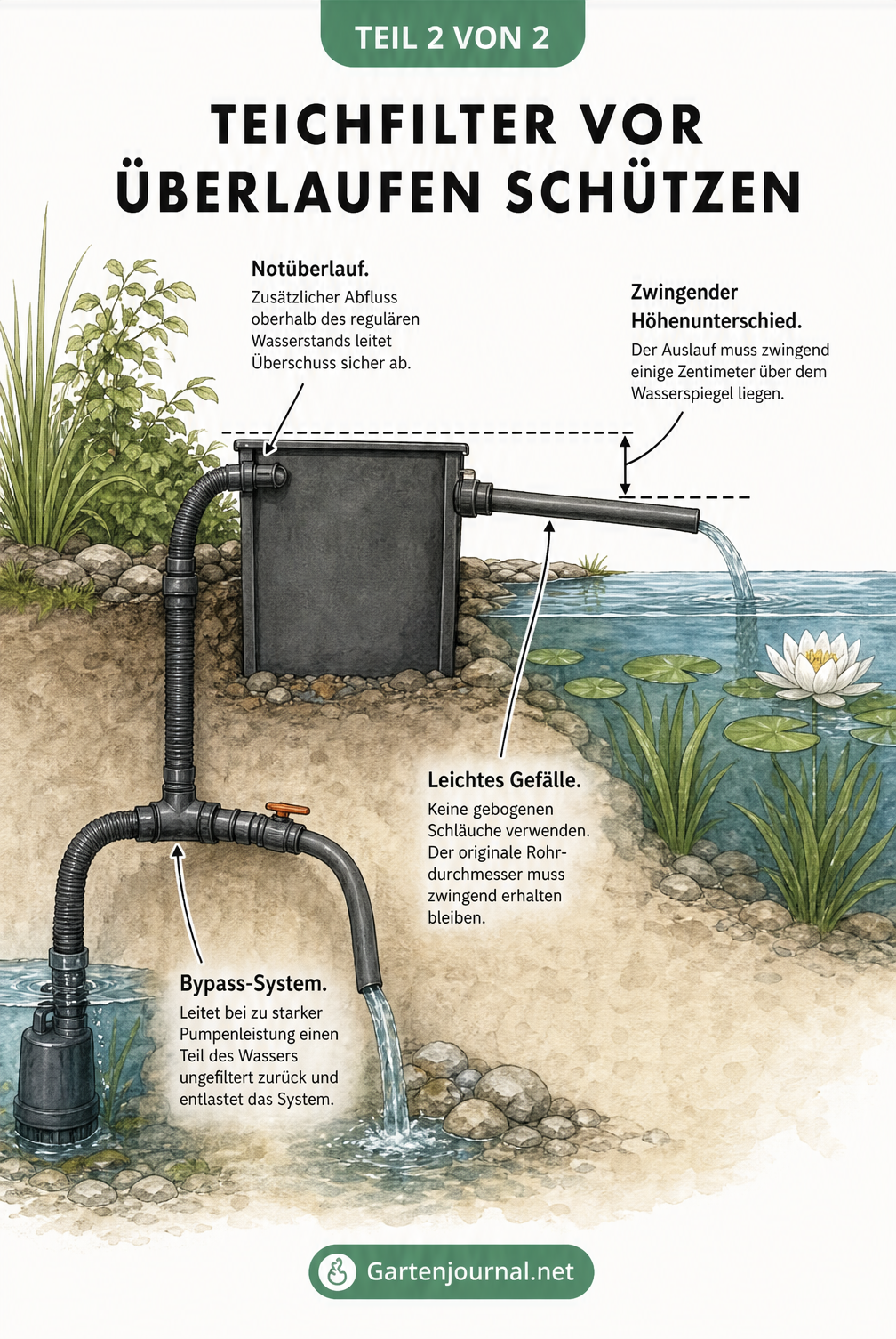 Illustration eines Teichfilters mit Hilfslinien für Notüberlauf, Höhenunterschied und Bypass-System