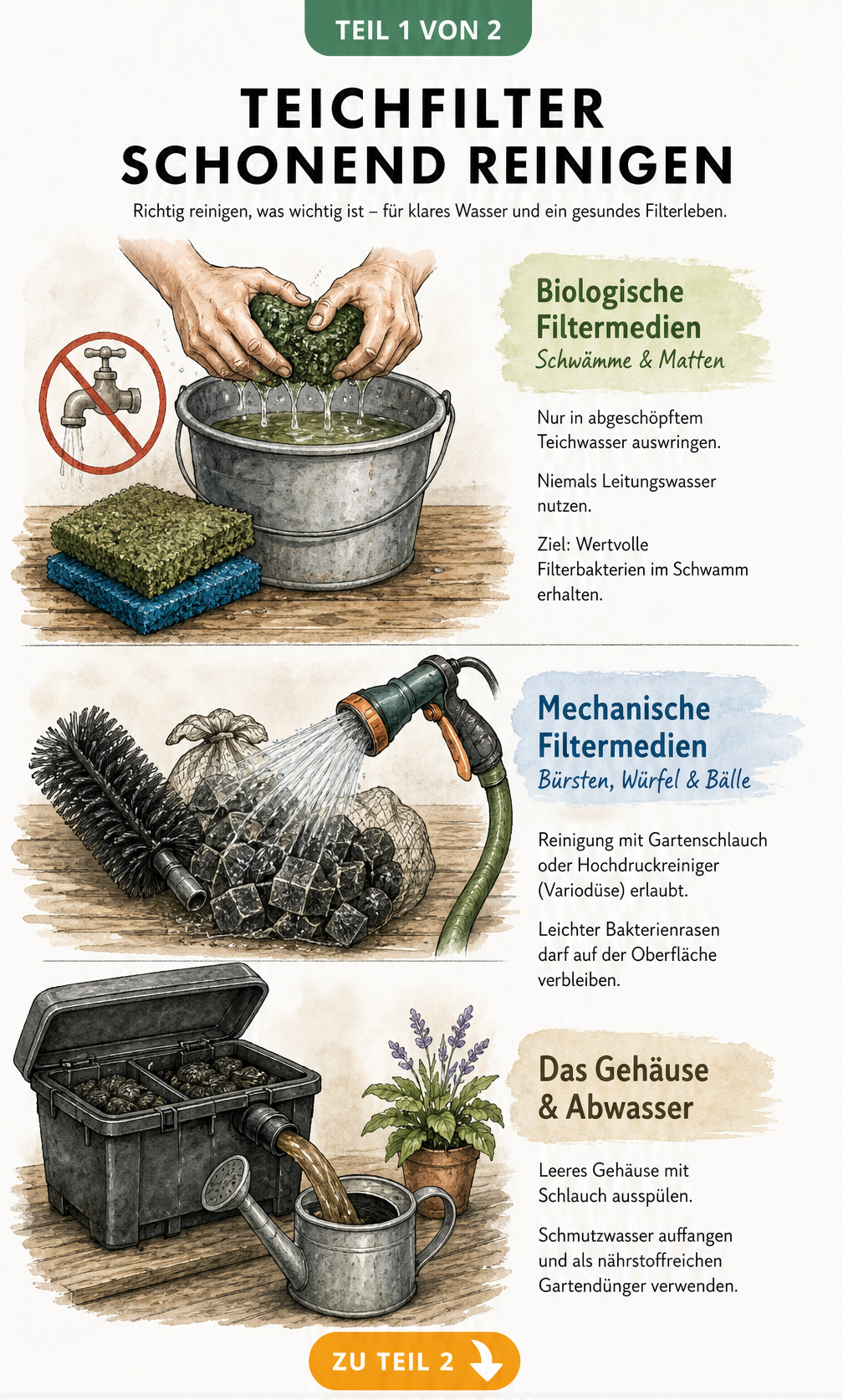 Illustration zur schonenden Reinigung von Teichfiltern mit Schwämmen, Bürsten und Gehäuse