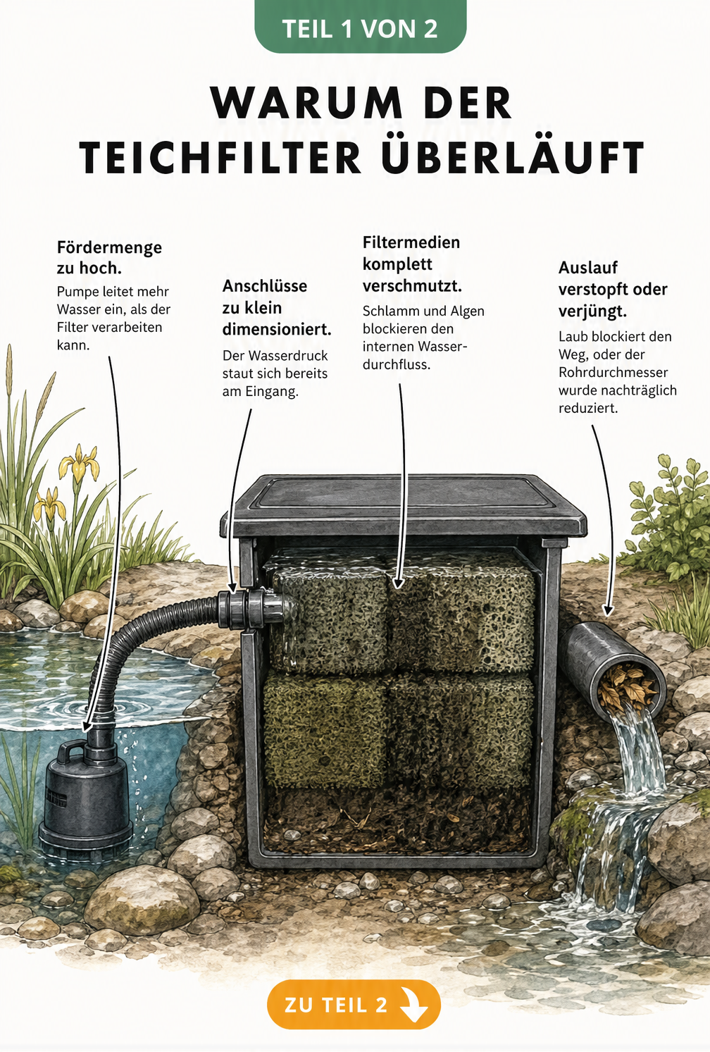 Schnittdarstellung eines Teichfilters mit Markierungen für Verstopfungen an Pumpe, Filtermedien und Auslauf
