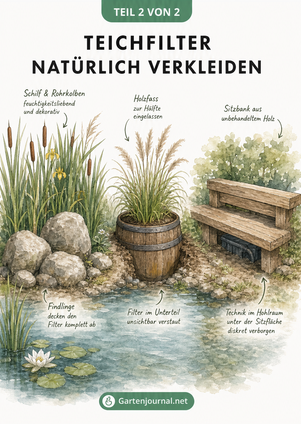 Drei Methoden zur Verkleidung von Teichfiltern: Schilf mit Findlingen, ein bepflanztes Holzfass und eine Holz-Sitzbank
