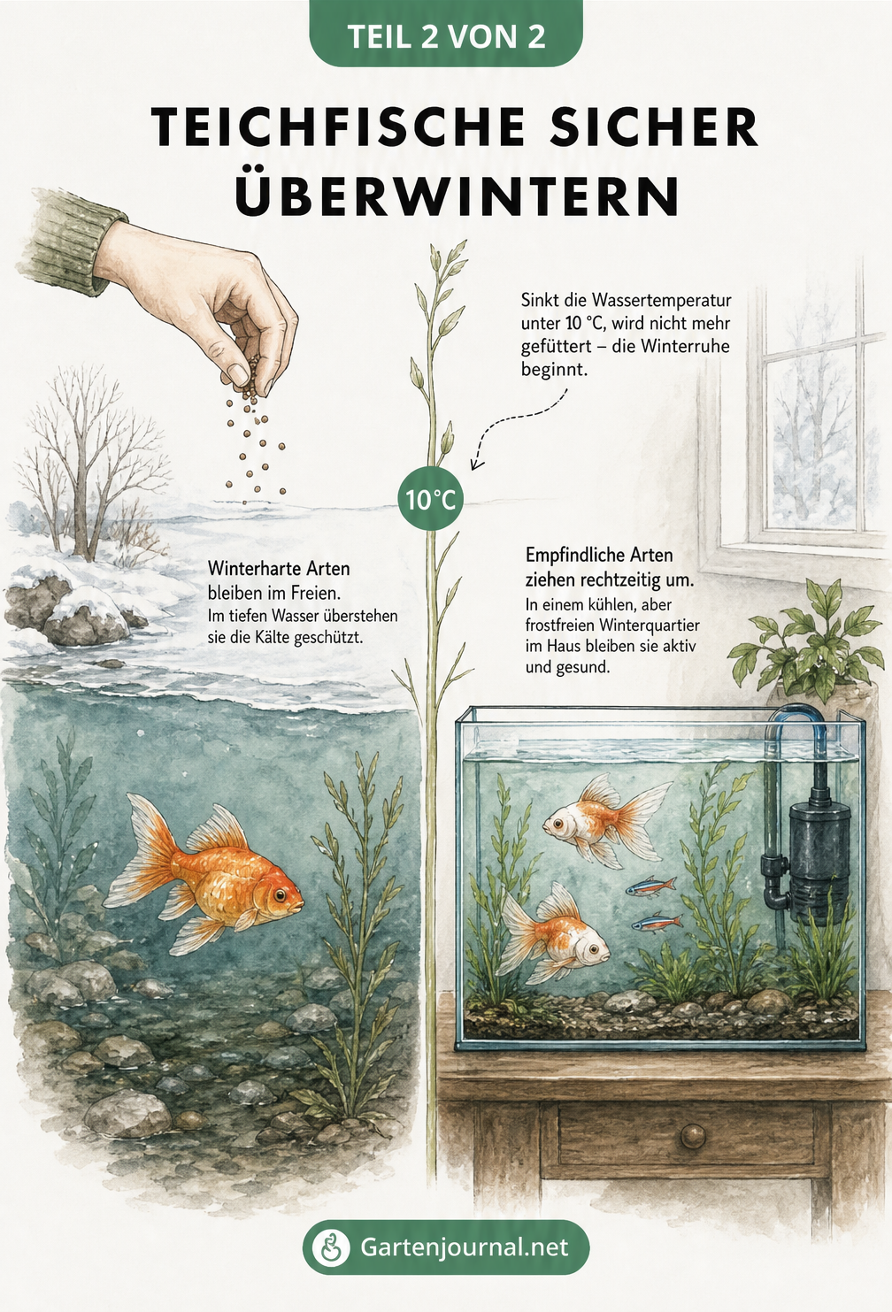 Illustration zur Überwinterung von Teichfischen im Freien und im Aquarium