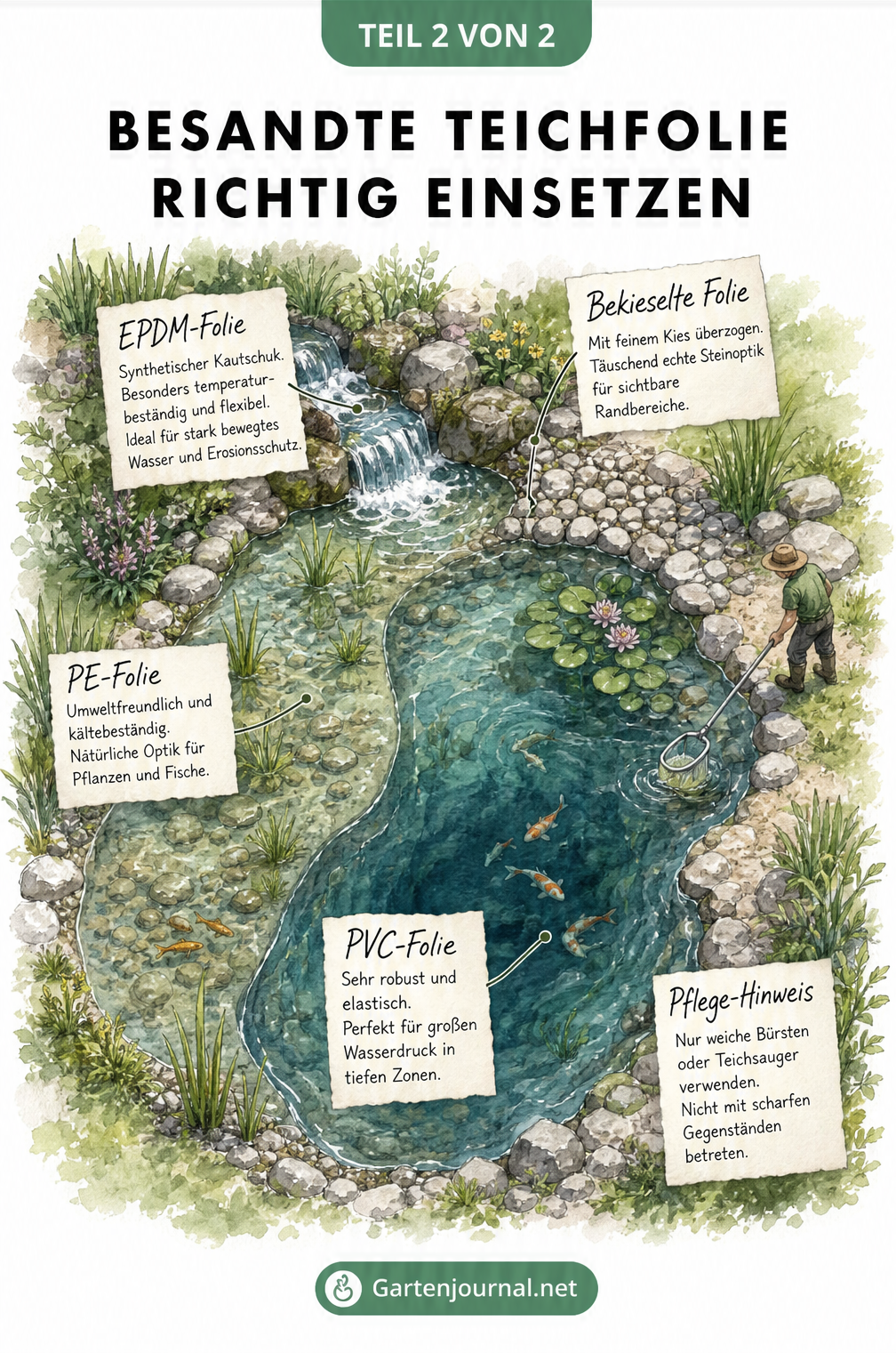 Aufsicht auf eine Teichlandschaft mit Bachlauf, Flachwasserzone und tiefer Teichmitte sowie passenden Folienarten