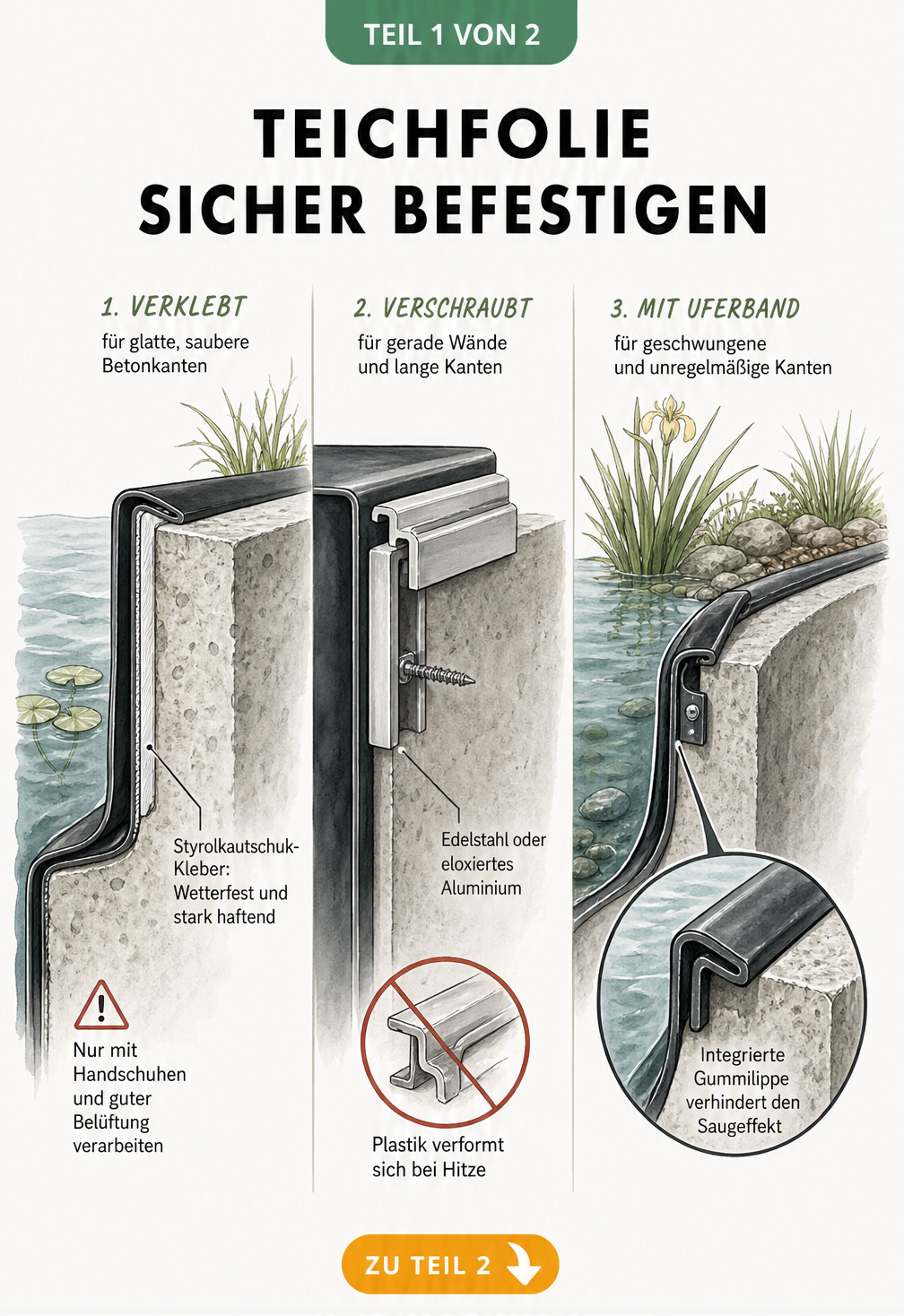 Querschnitt-Skizze zur Befestigung von Teichfolie an steilen Betonkanten durch Verkleben, Verschrauben mit Profilen und Uferband