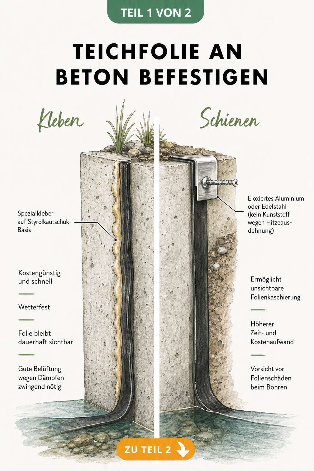 Schnittzeichnung einer Betonmauer am Teichrand, die das Verkleben und die Schienenbefestigung von Teichfolie vergleicht.