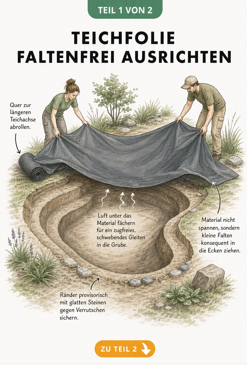 Illustration eines nierenförmigen Teichaushebens, bei dem zwei Personen eine dunkelgraue Teichfolie faltenfrei über die Grube ziehen.