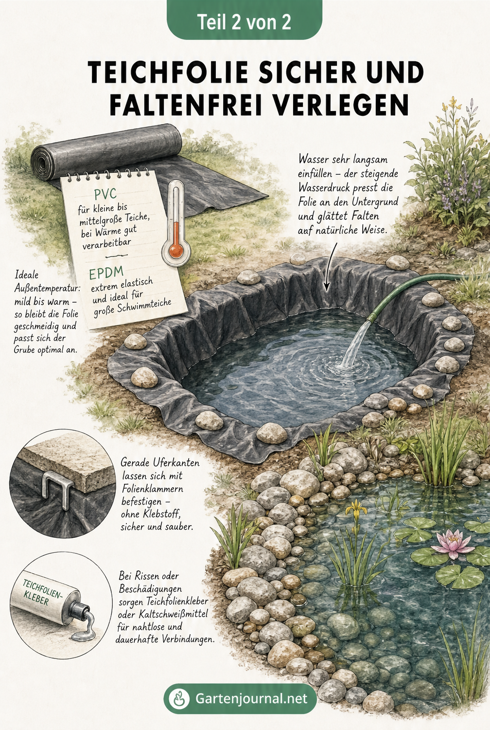 Isometrische Darstellung der Teichfolienverlegung mit Wasserbefüllung und Randgestaltung