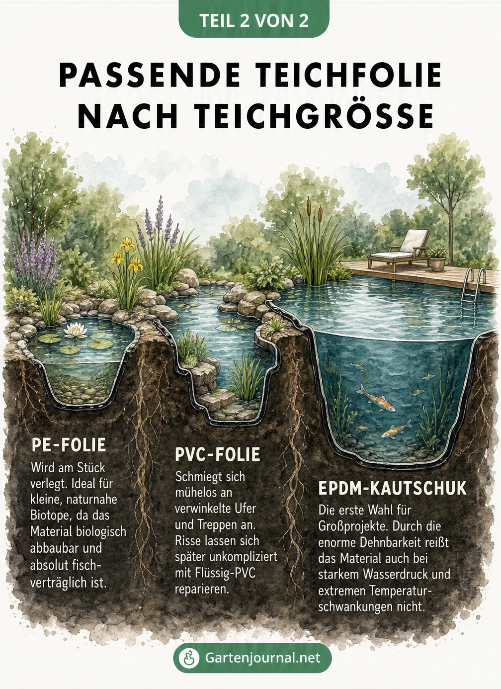 Querschnitt dreier Teiche unterschiedlicher Größe mit den passenden Folien PE, PVC und EPDM.
