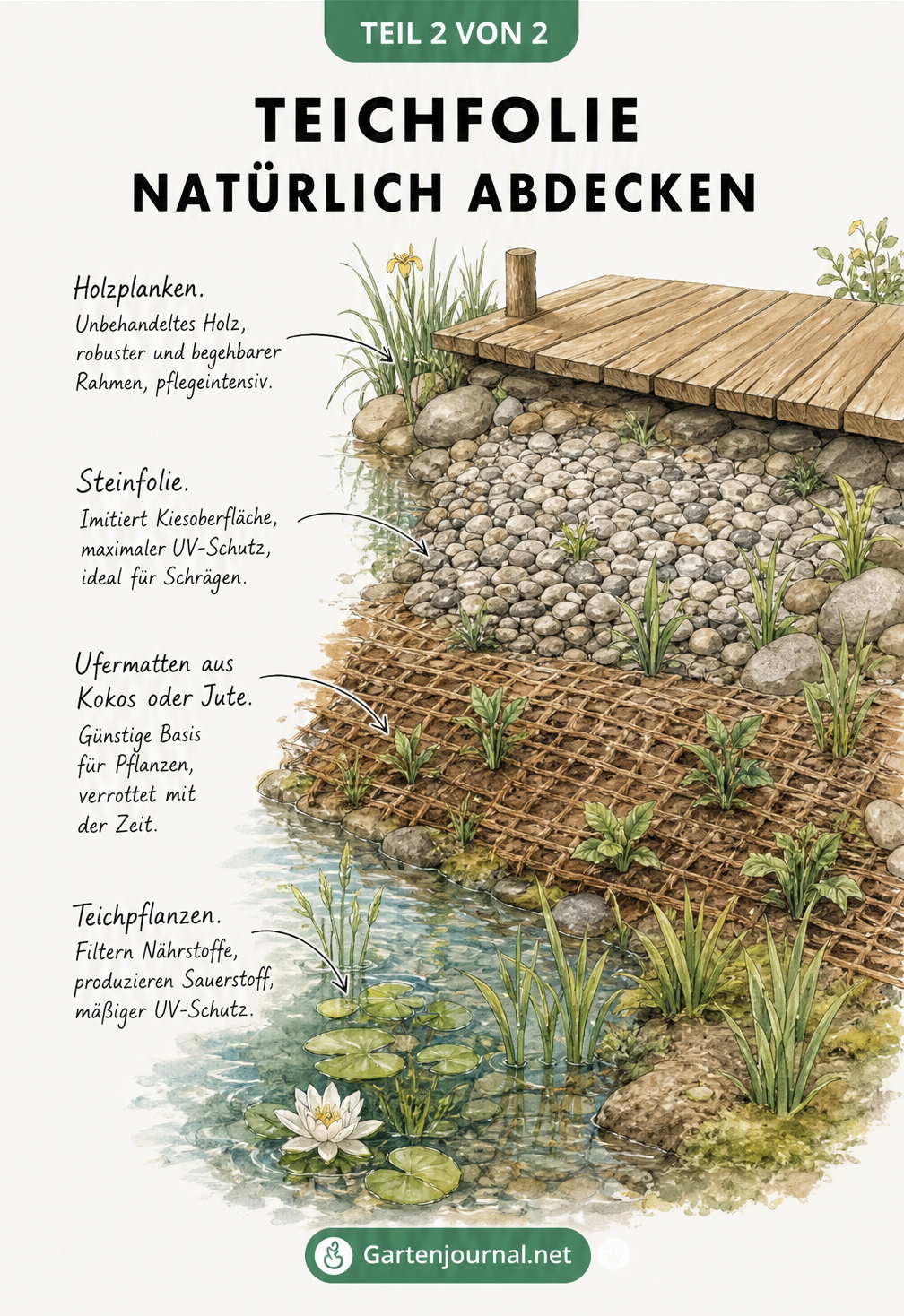 Illustration einer Teichböschung mit vier Zonen zur natürlichen Abdeckung der Teichfolie