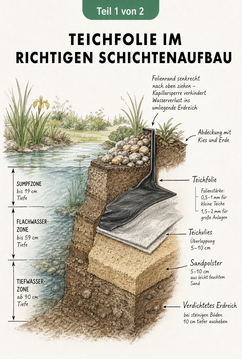 Querschnitt einer Teichgrube mit Schichtenaufbau: Erdreich, Sand, Teichvlies und Teichfolie