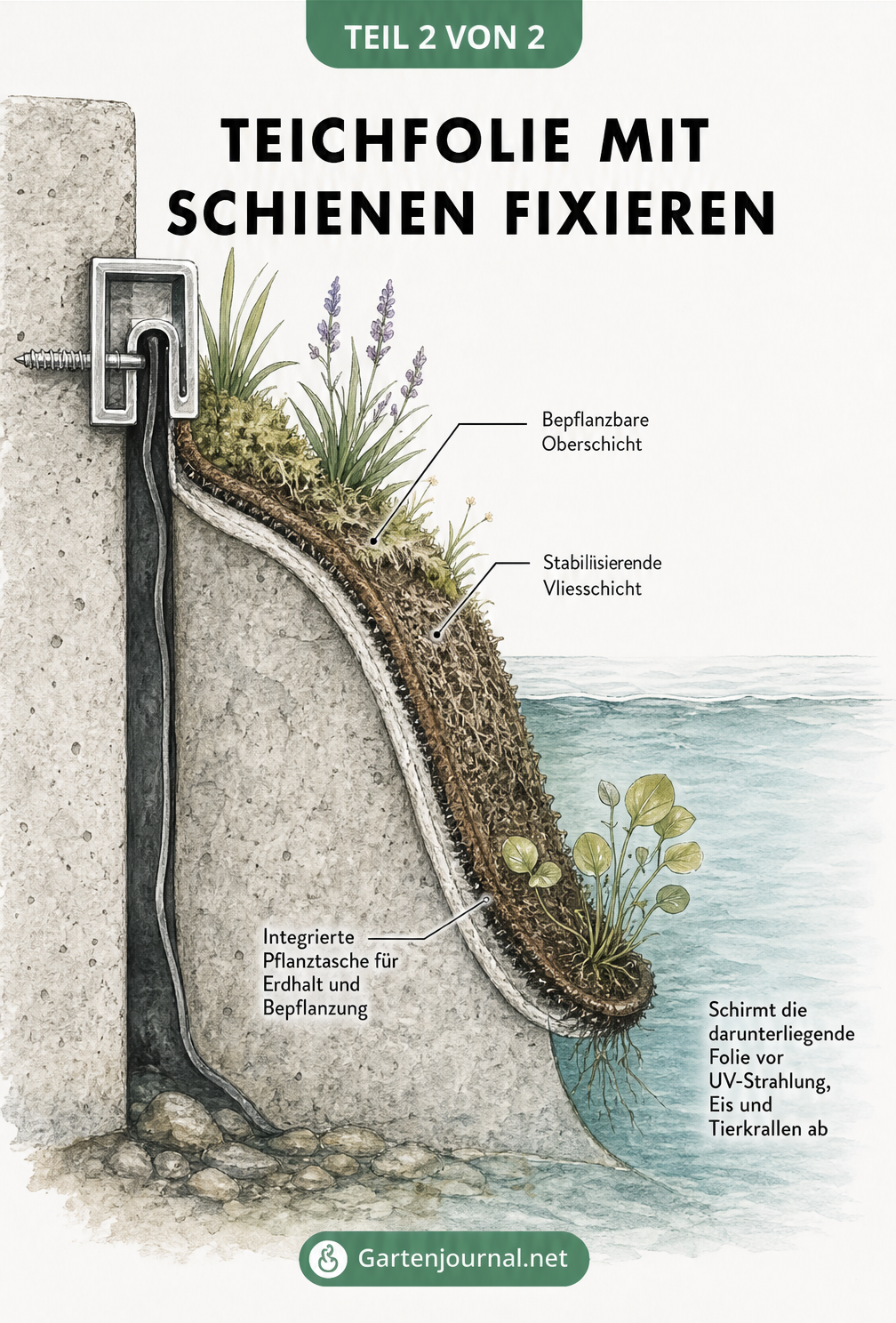 Querschnitt eines Teichufers mit Schienenbefestigung der Teichfolie und darüberliegender Ufermatte mit Pflanztasche.