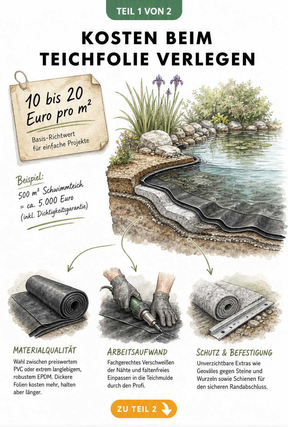 Querschnitt eines Teichufers mit Preisschild und Vignetten zu Materialqualität, Arbeitsaufwand und Schutz