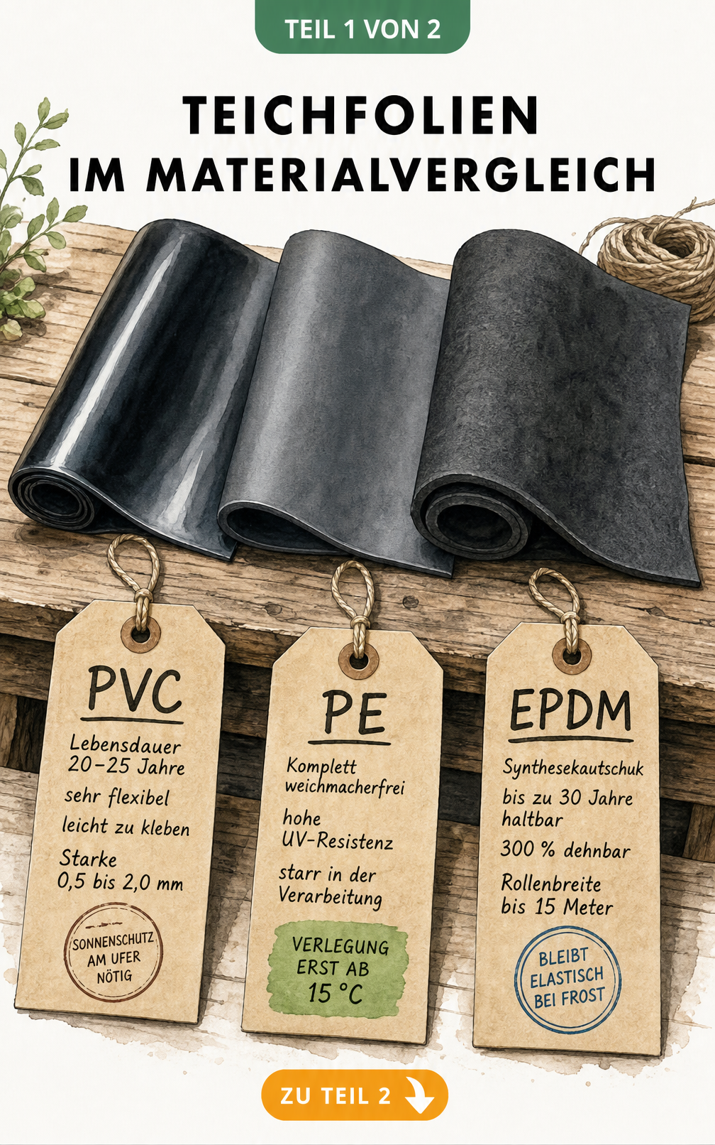Drei Teichfolien-Muster aus PVC, PE und EPDM auf einem Holztisch mit Etiketten zu ihren Eigenschaften.
